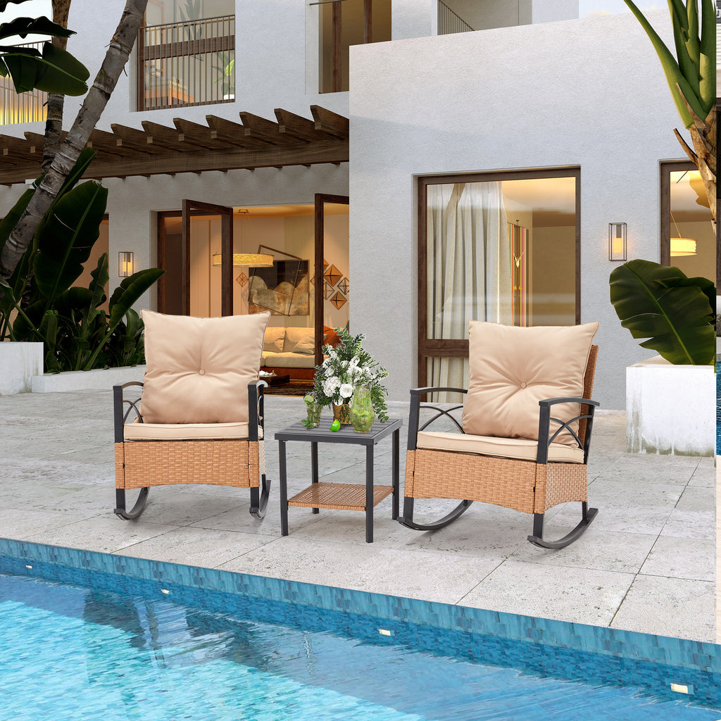 HOMREST 3-Piece Bistro Set: Outdoor Rattan Rocking Chairs with Cushions and Coffee Table