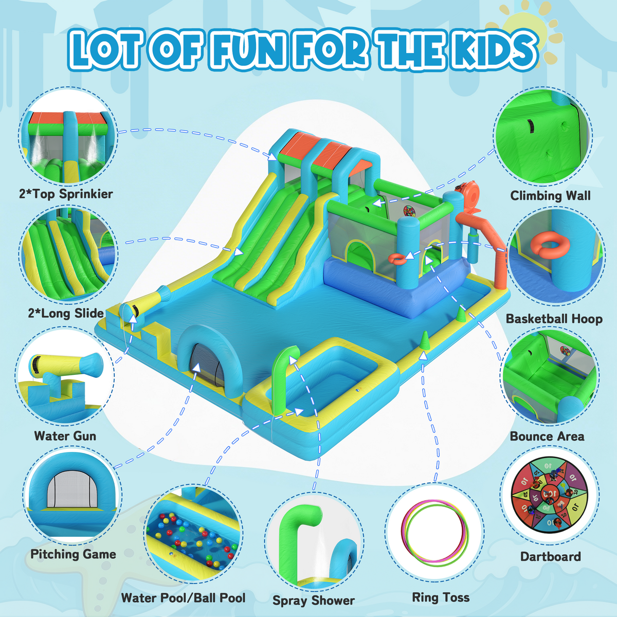 Homrest Inflatable Bounce House, Bouncy House with Double Water Slide, Inflatable Bouncy Castle Water Bounce House with Blower, Climbing Wall, Jumping, Splash Pool for Kids Indoor Outdoor