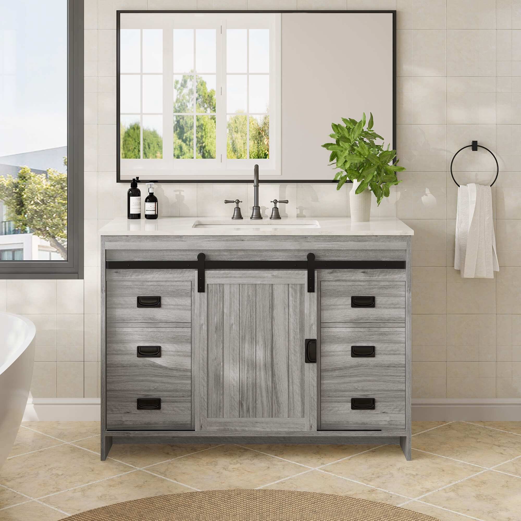 HOMREST 48" Farmhouse Single Bathroom Vanity with Engineered Stone Top, Sliding Barn Door Sink Vanity, Gray