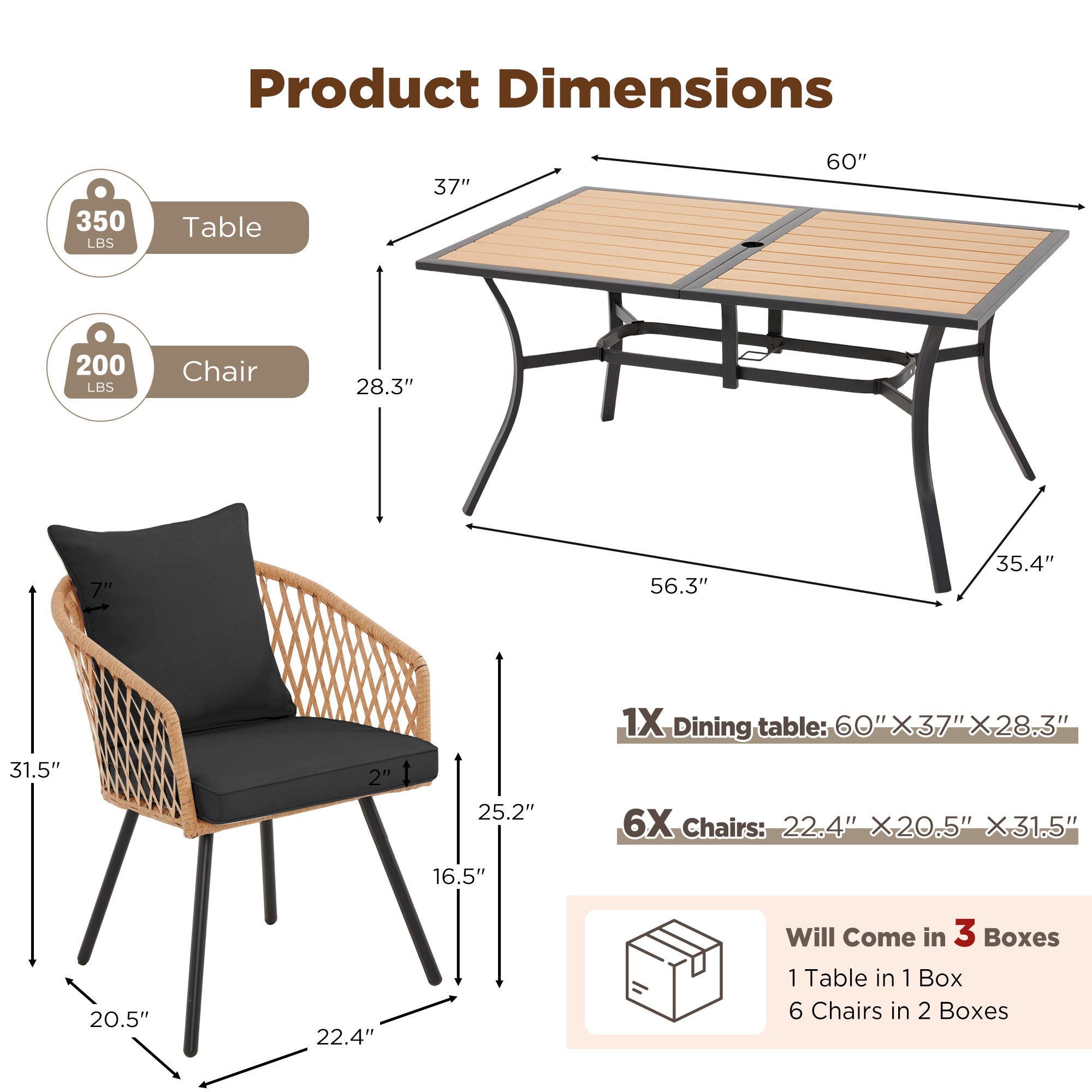 HOMREST 7-Piece Outdoor Dining Set – Rectangular Table with Umbrella Hole & 6 Rattan Chairs, Black