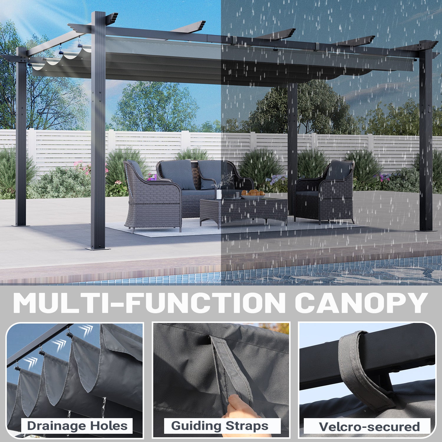 HOMREST Retractable Pergola 12x16 Ft, Outdoor Aluminum Shelter with Dual Adjustable Sun Shade Canopy for Patio Backyard, Locking System Includes Straps & Screws (Gray)