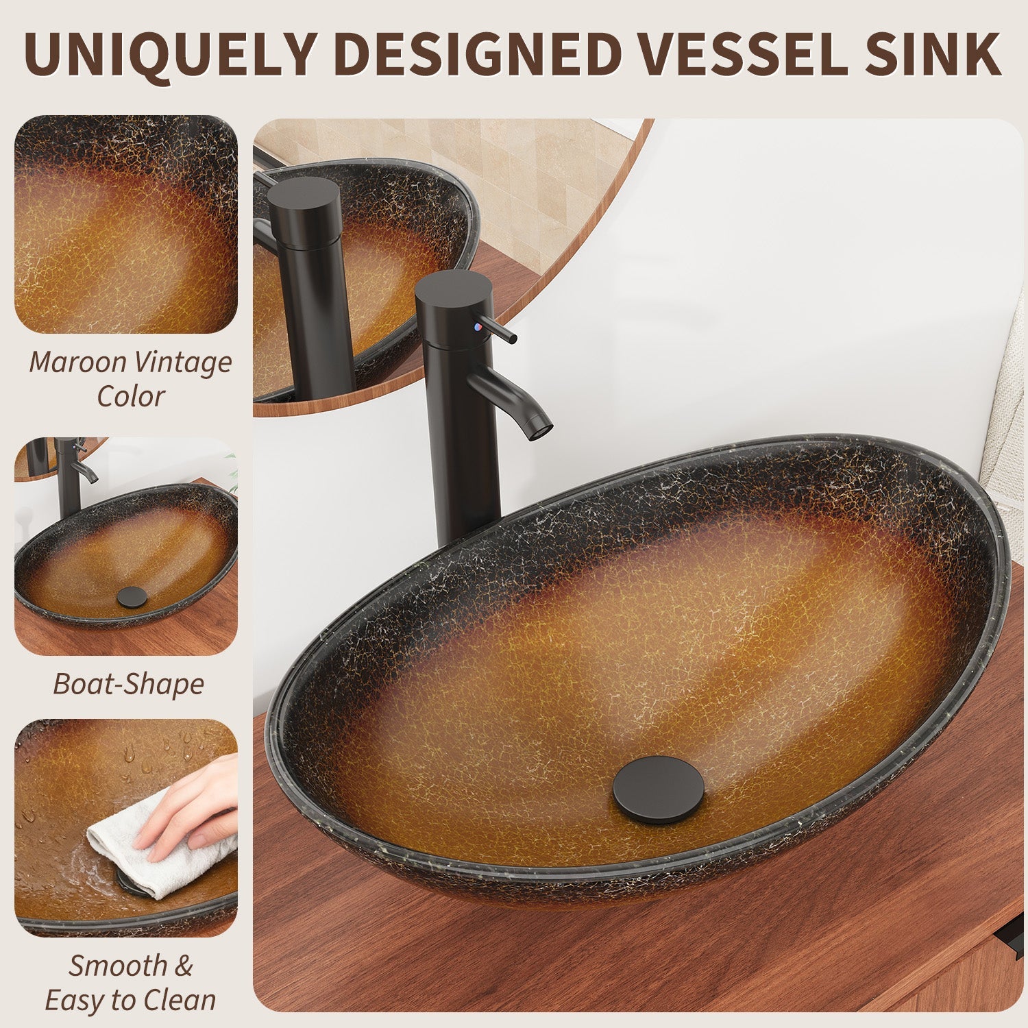HOMREST 36 Inch Bathroom Vanity with Sink Combo, Bathroom Vanity with 3 Soft-Close Drawers, 2 Doors & Boat Glass Sink, Rustic Bathroom Cabinet Includes Adjustable Shelf, Water Tap & Sink Accessories