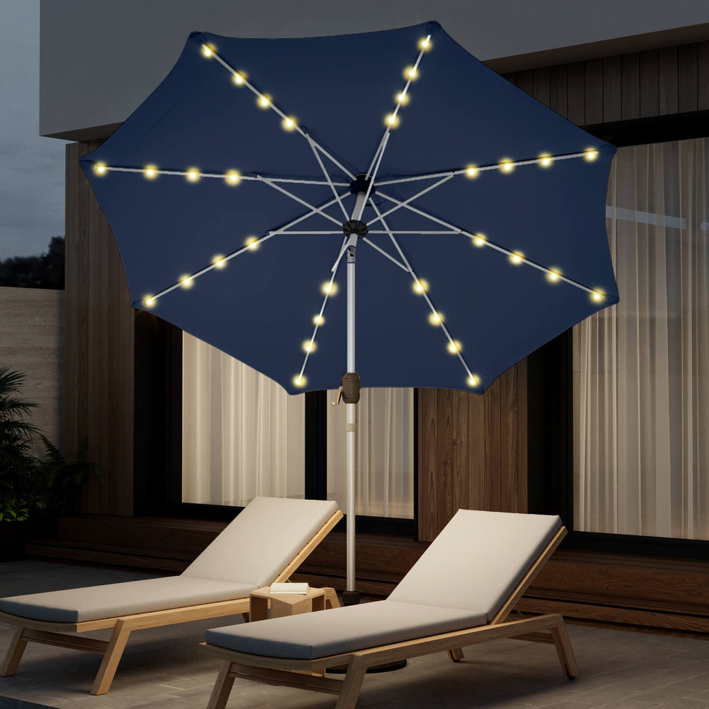 Homrest 10FT Solar Lighted Patio Umbrella, Fade-Resistant Outdoor Umbrella with Tilt, 8 Aluminum Ribs Navy Blue
