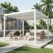 HOMREST 10' x 10' Outdoor Pergola with Adjustable Louvered Roof & Integrated Drainage, Heavy-Duty Metal Louvered Pergola for Patios, White
