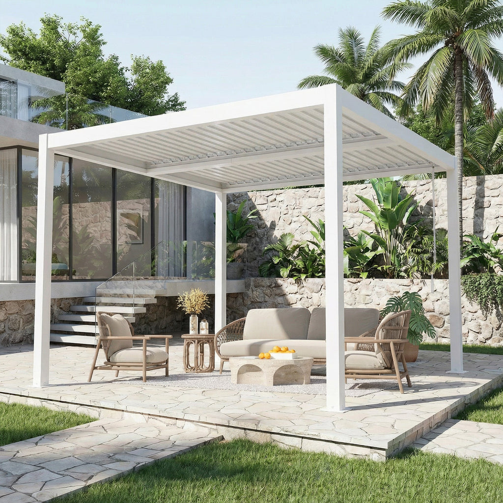 HOMREST 10' x 10' Outdoor Pergola with Adjustable Louvered Roof & Integrated Drainage, Heavy-Duty Metal Louvered Pergola for Patios, White