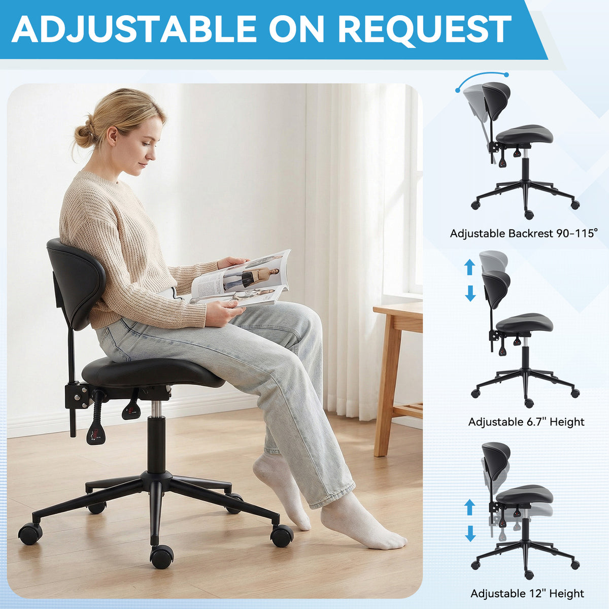 HOMREST Saddle Stool Chair with Customizable Back Support,Esthetician Tattoo Dental Stool Chair,Lash Chairs for Eyelash Tech Massage Salon(Black,with Backrest)
