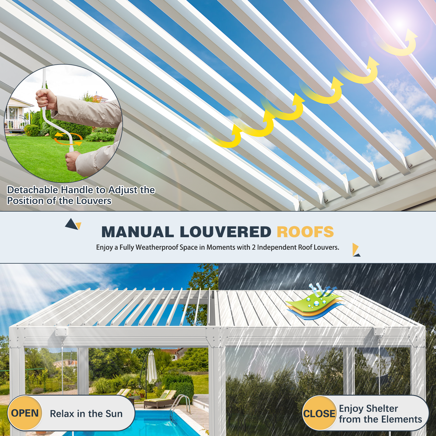 HOMREST 12x16ft Louvered Pergola with 6-Panel Pull-Down Screen, White