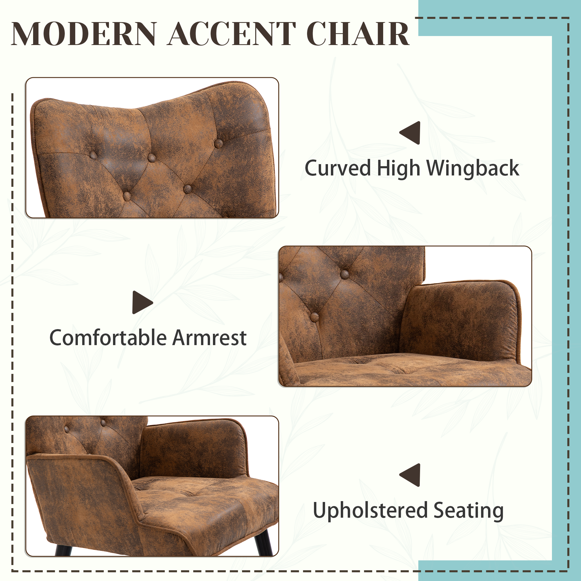 HOMREST Accent Chair with Ottoman(Anti-Skid Feet Caps), Button Wingback Leisure Single Sofa, Arms Upholstered Tall Back Desk Chair, Brown