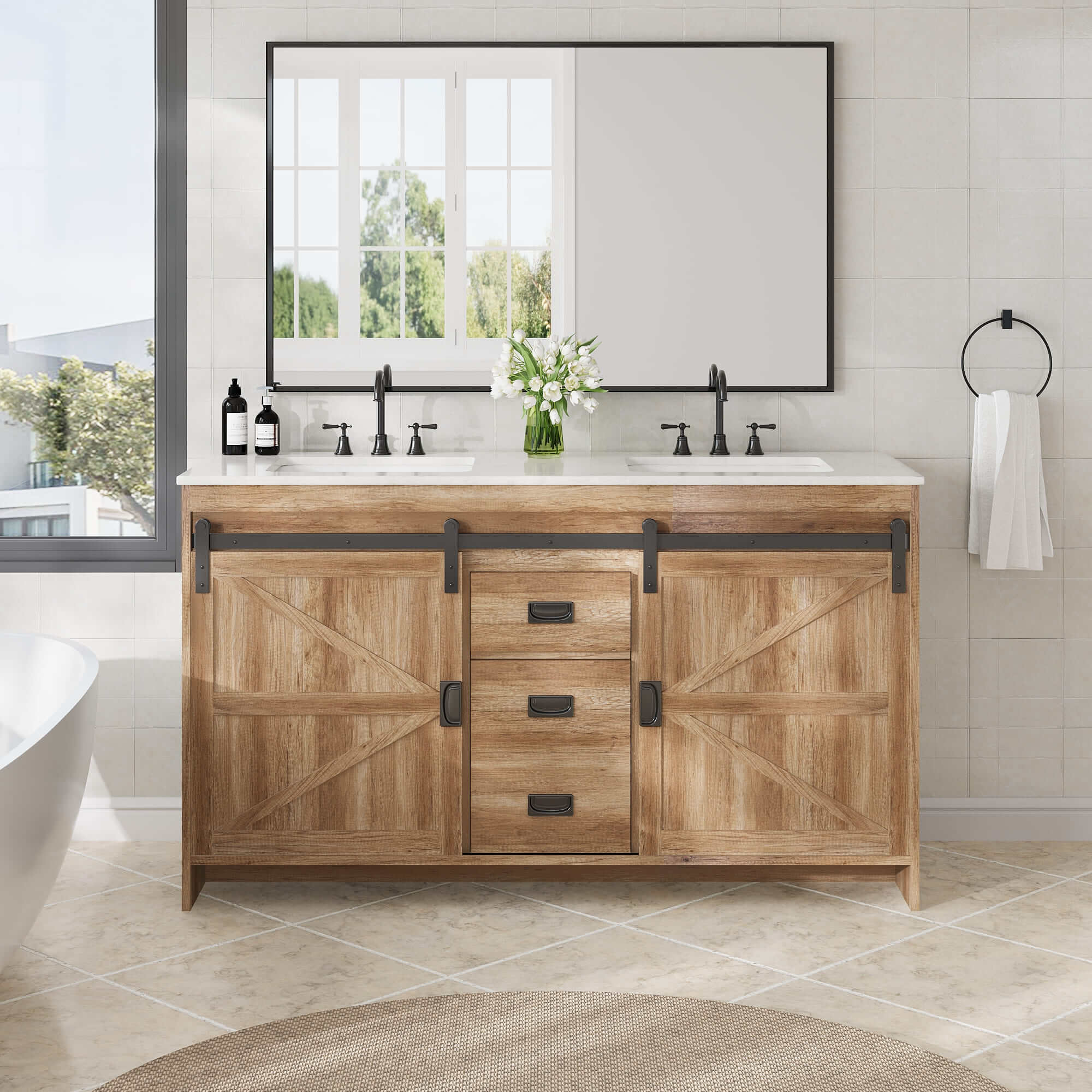 HOMREST 60" Farmhouse Double Bathroom Vanity with engineered stone top, Sliding Barn Door Sink Vanity, Brown