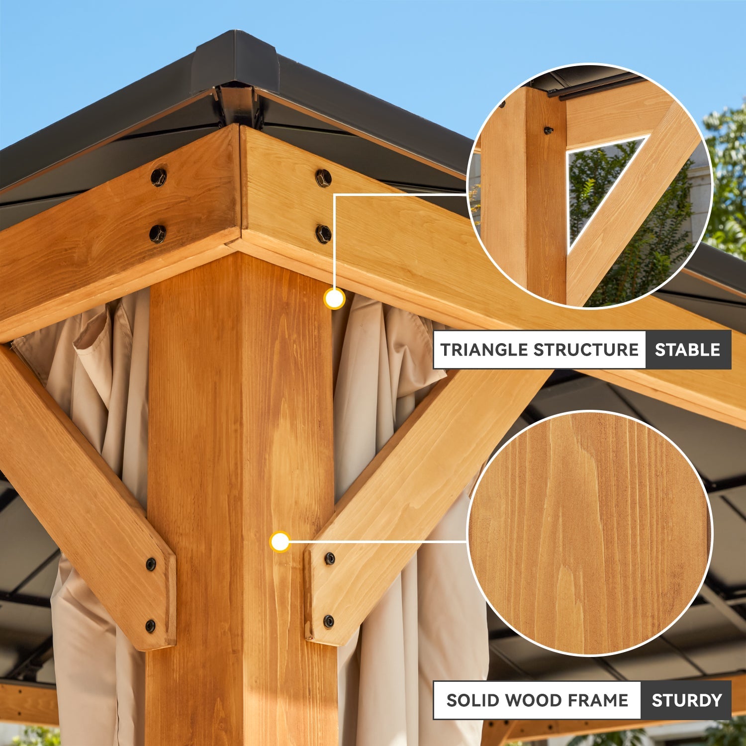 Homrest 11' x 13' Outdoor Cedar Wood Hardtop Gazebo w/ Double Metal Roof, Curtains & Nettings
