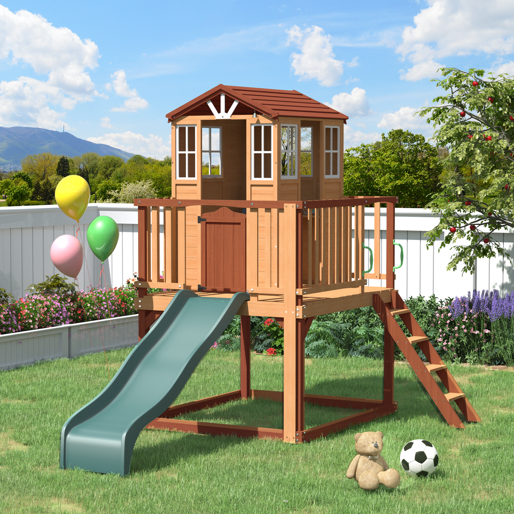 Homrest  Outdoor Wooden Playhouse for Kids - Fir Tree House with Slide, Climbing Ladder & Play Kitchen | Ages 4-8, Wood