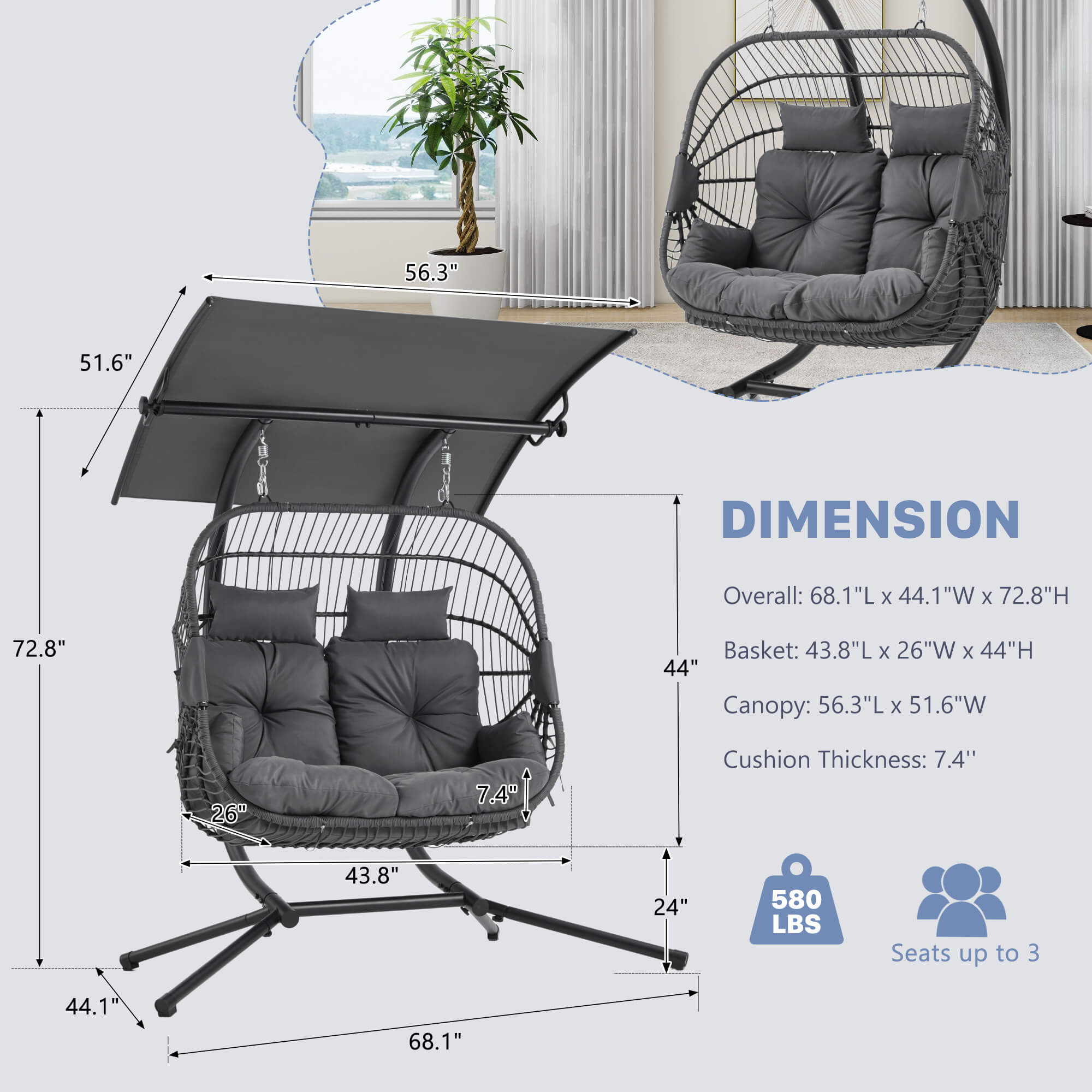 HOMREST Double Hanging Egg Chair with Stand, Wicker Loveseat Swing with Extra Cushion, Gray