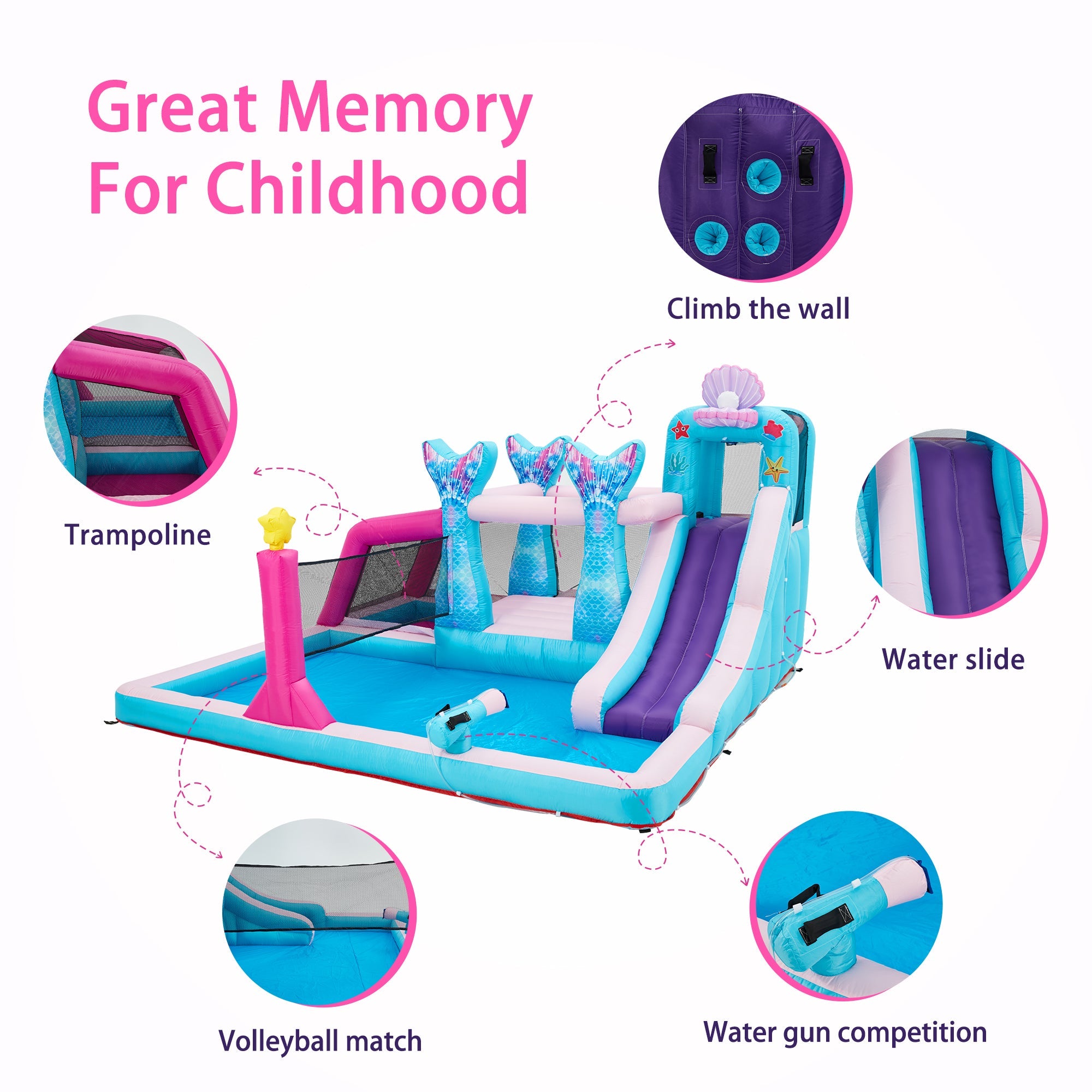 Homrest Inflatable Bounce House, Bounce House with Water Slide for Kids 3-8, Water Slide Bounce House with a Mermaid Shape, Volleyball Match, Trampoline, Water Gun Competition, Storage Bag, 480W Blower for Outdoor Backyard