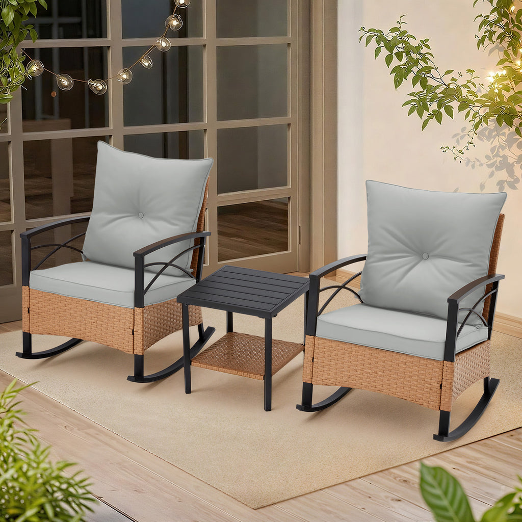 HOMREST 3-Piece Bistro Set: Outdoor Rattan Rocking Chairs with Cushions and Coffee Table