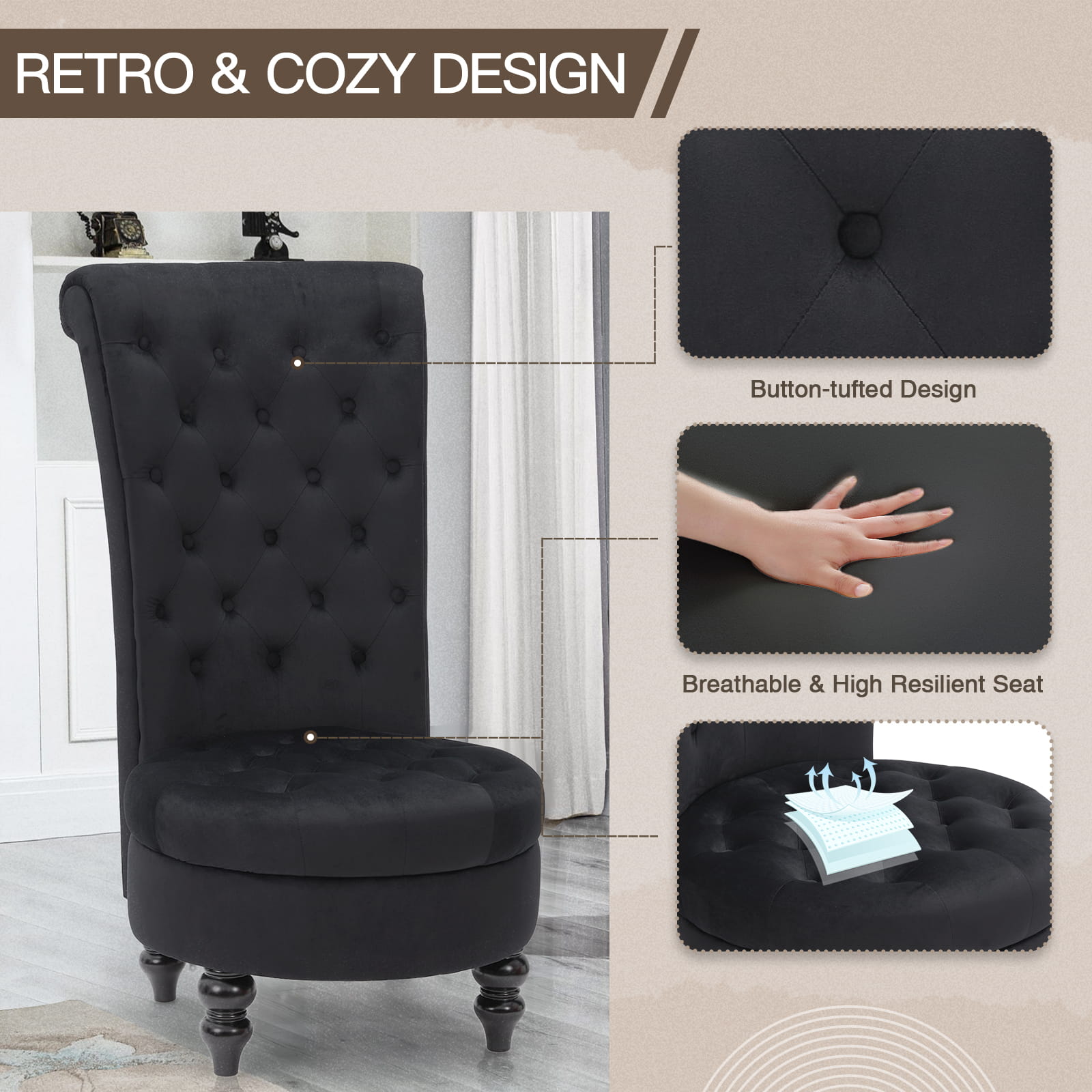 Homrest Throne Button-Tufted High-Back Accent Chair – Black