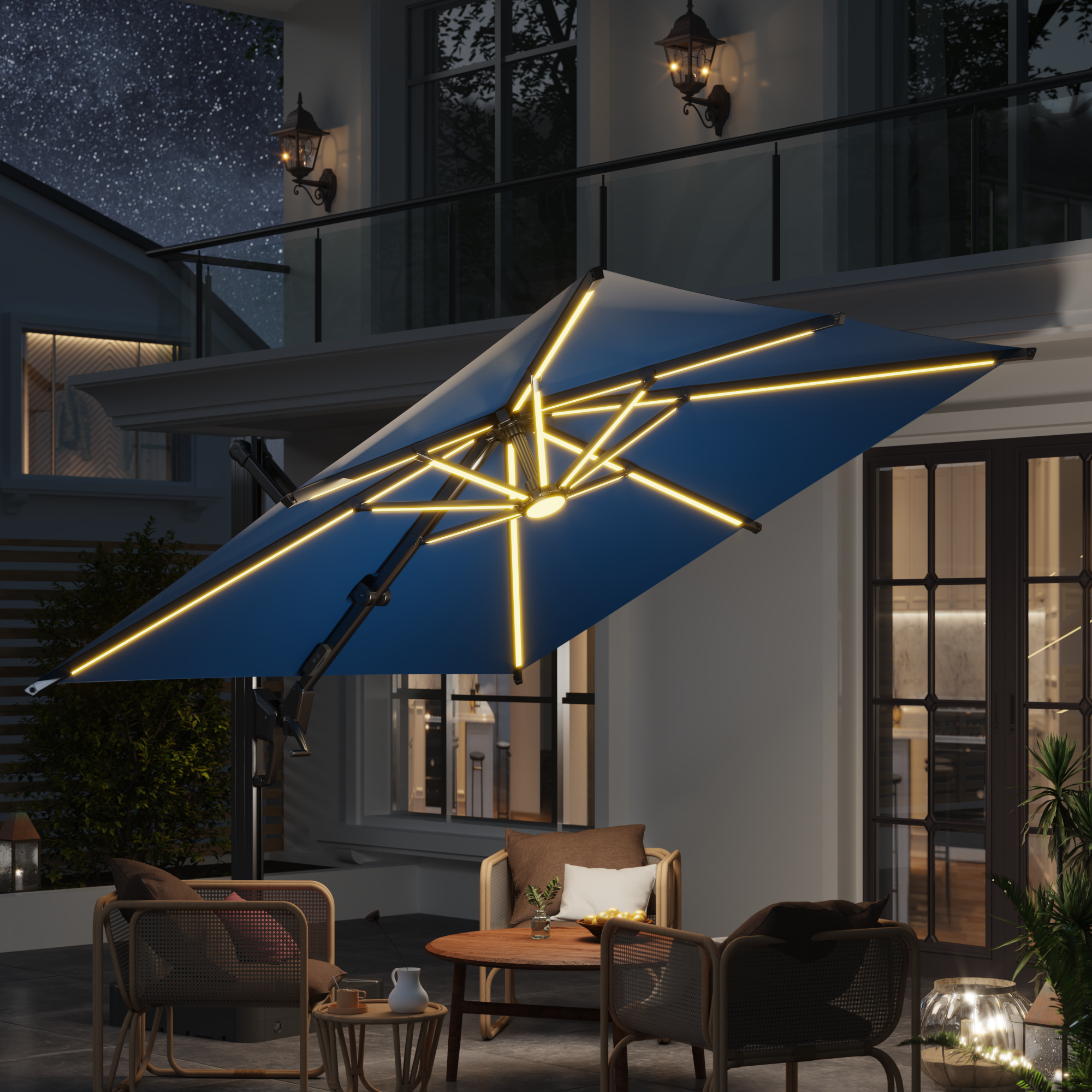 HOMREST 10 X 10 Outdoor Weather-resistant Umbrella with LED Lighting(Base Excluded)  - Navy