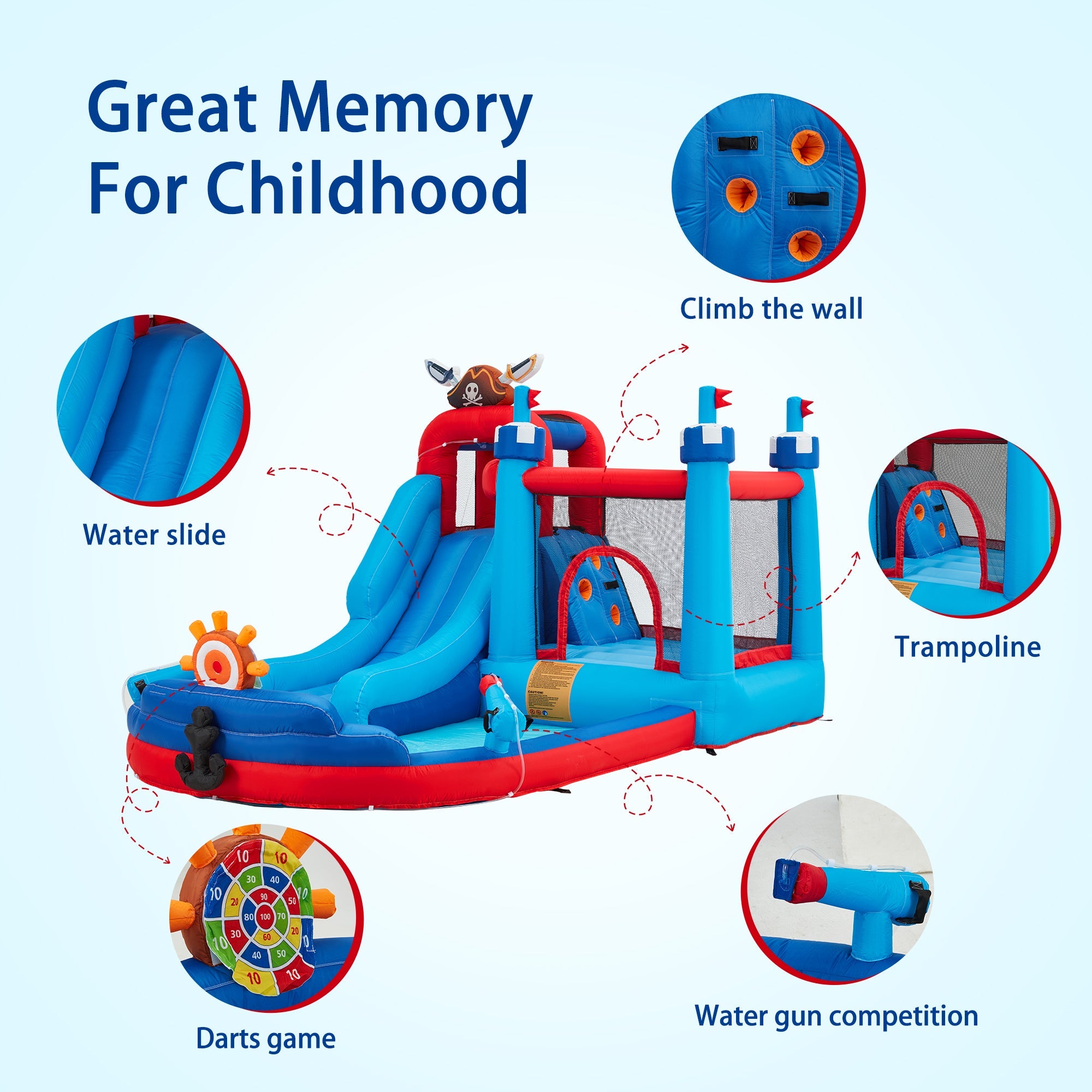 Homrest Inflatable Bounce House, Bounce House with Water Slide for Kids 3-8, Water Slide Bounce House with a Pirate Ship Shape, Rock Climbing Wall, Trampoline, Water Gun Competition, Darts Game, Storage Bag, 480W Blower for Outdoor Backyard