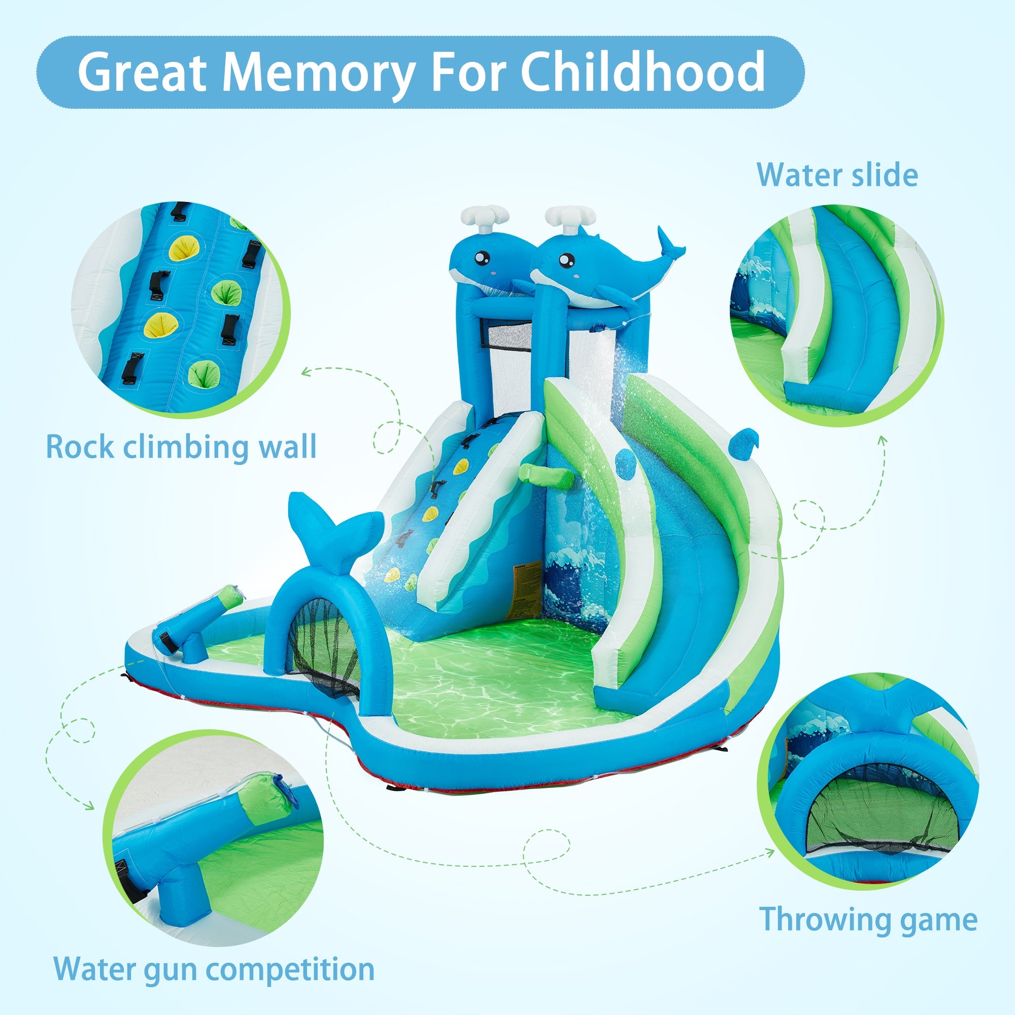 Homrest Inflatable Bounce House, Bounce House with Water Slide for Kids 3-8, Water Slide Bounce House with a Whale Shape, Rock Climbing Wall, Throwing Game, Water Gun Competition, Storage Bag, 480W Blower for Outdoor Backyard
