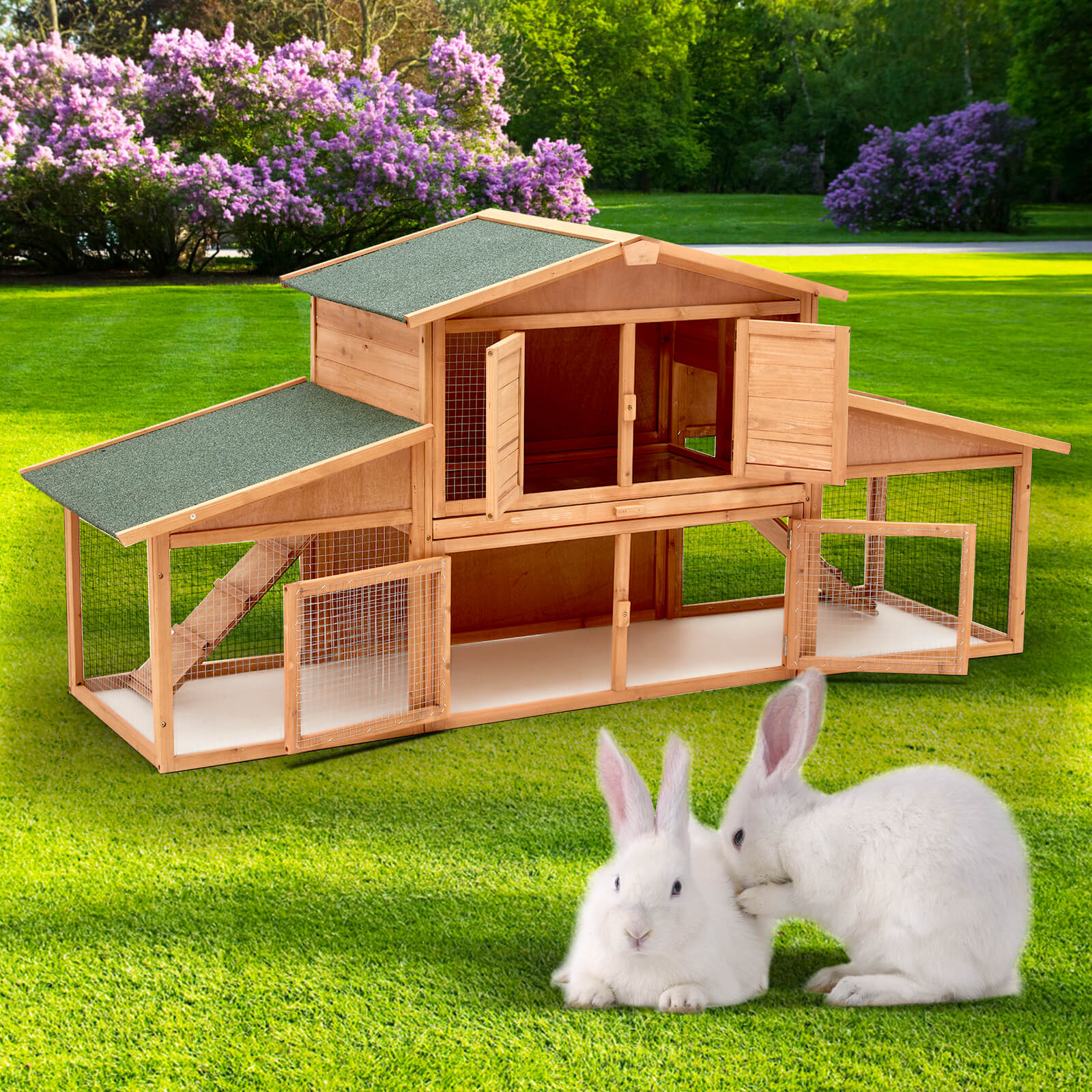 HOMREST 89" Outdoors Wooden Two-layers Rabbit Hutch with Removable Tray Double Ramps