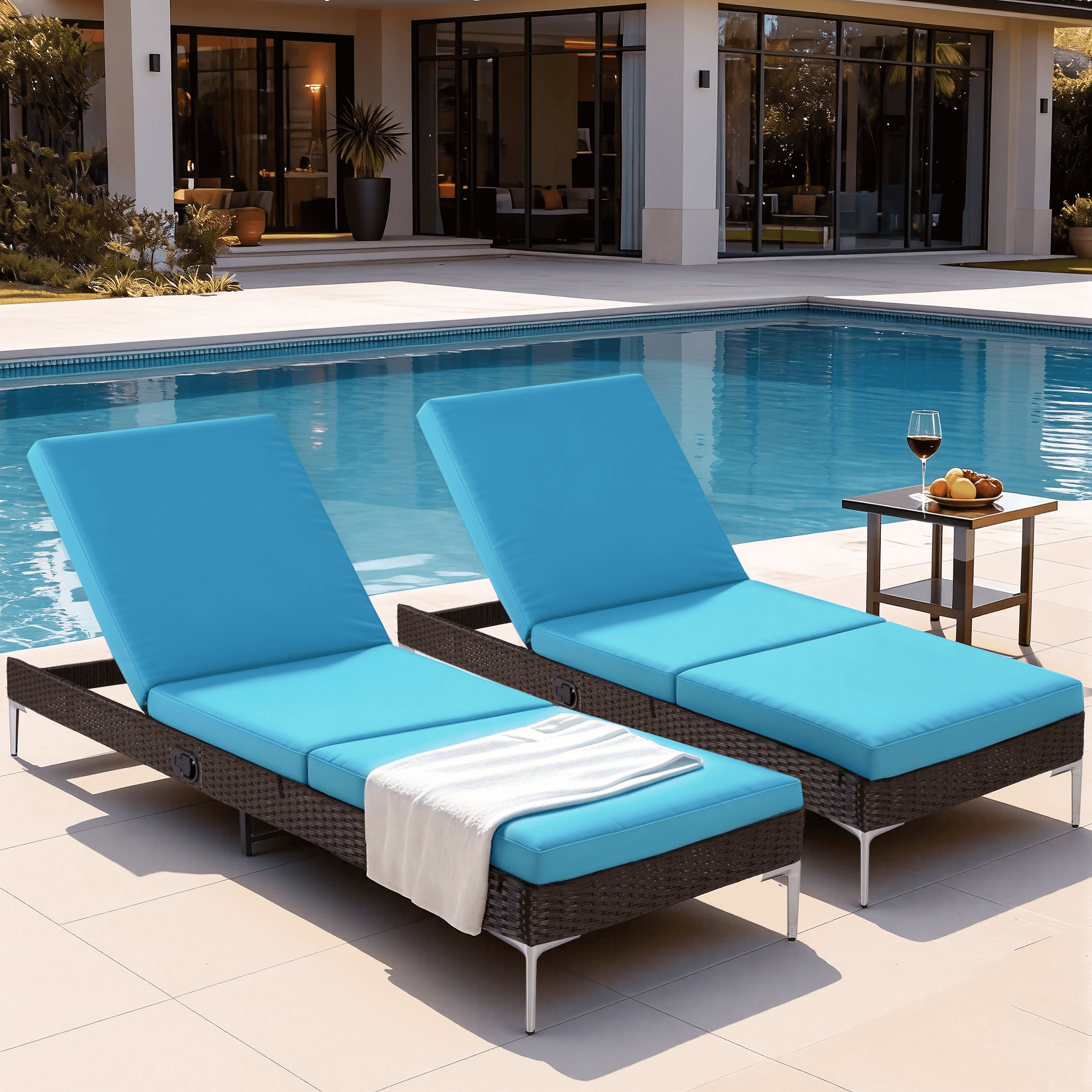 Homrest 2PCS Patio Rattan Chaise Lounge Chair Outdoor Wicker Recliner Thickened Cushion Stepless Adjustable with Gas Cylinder  (Blue)