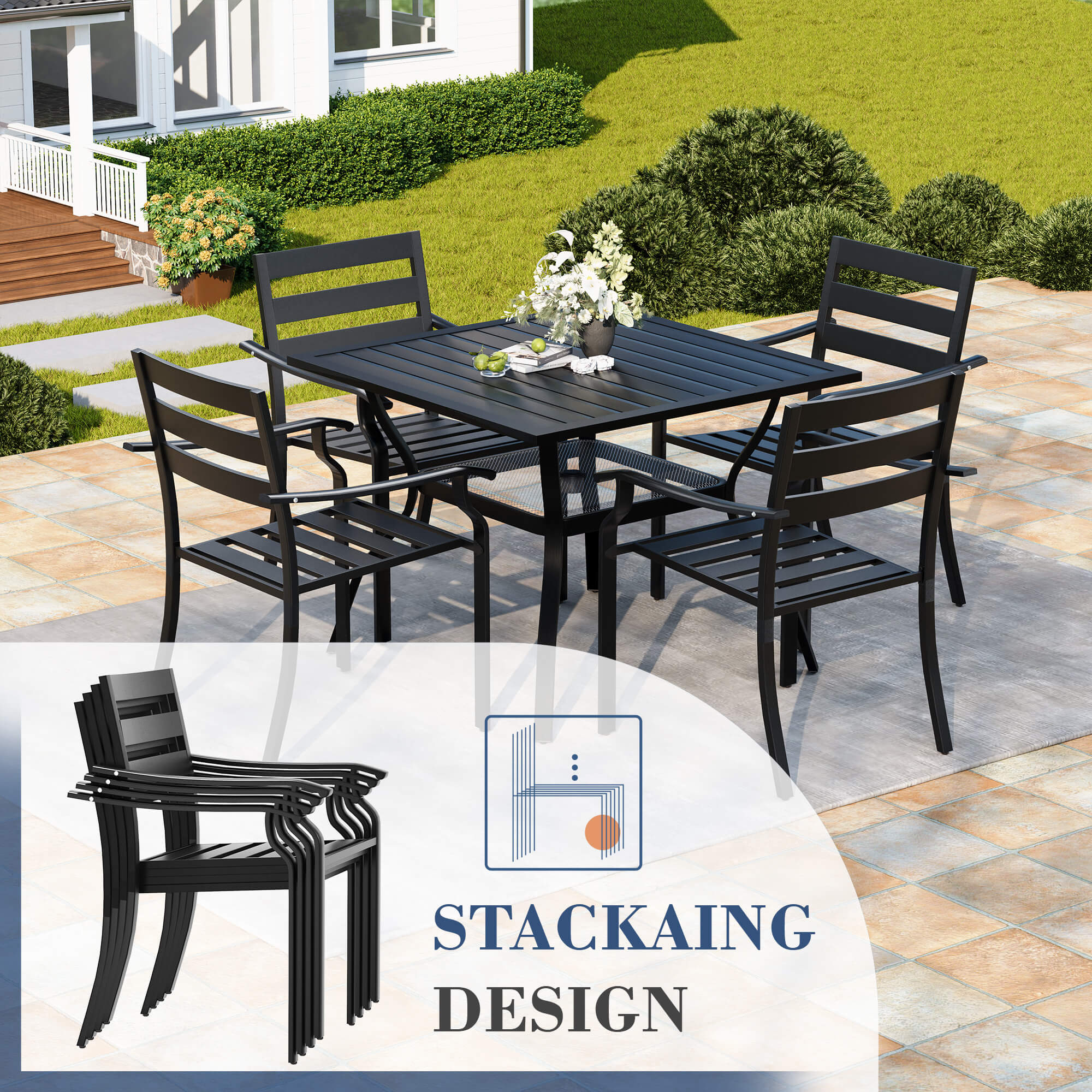 HOMREST 5-Piece Outdoor Patio Dining Set for 4, Square Metal Table with Umbrella Hole & Stackable Chairs