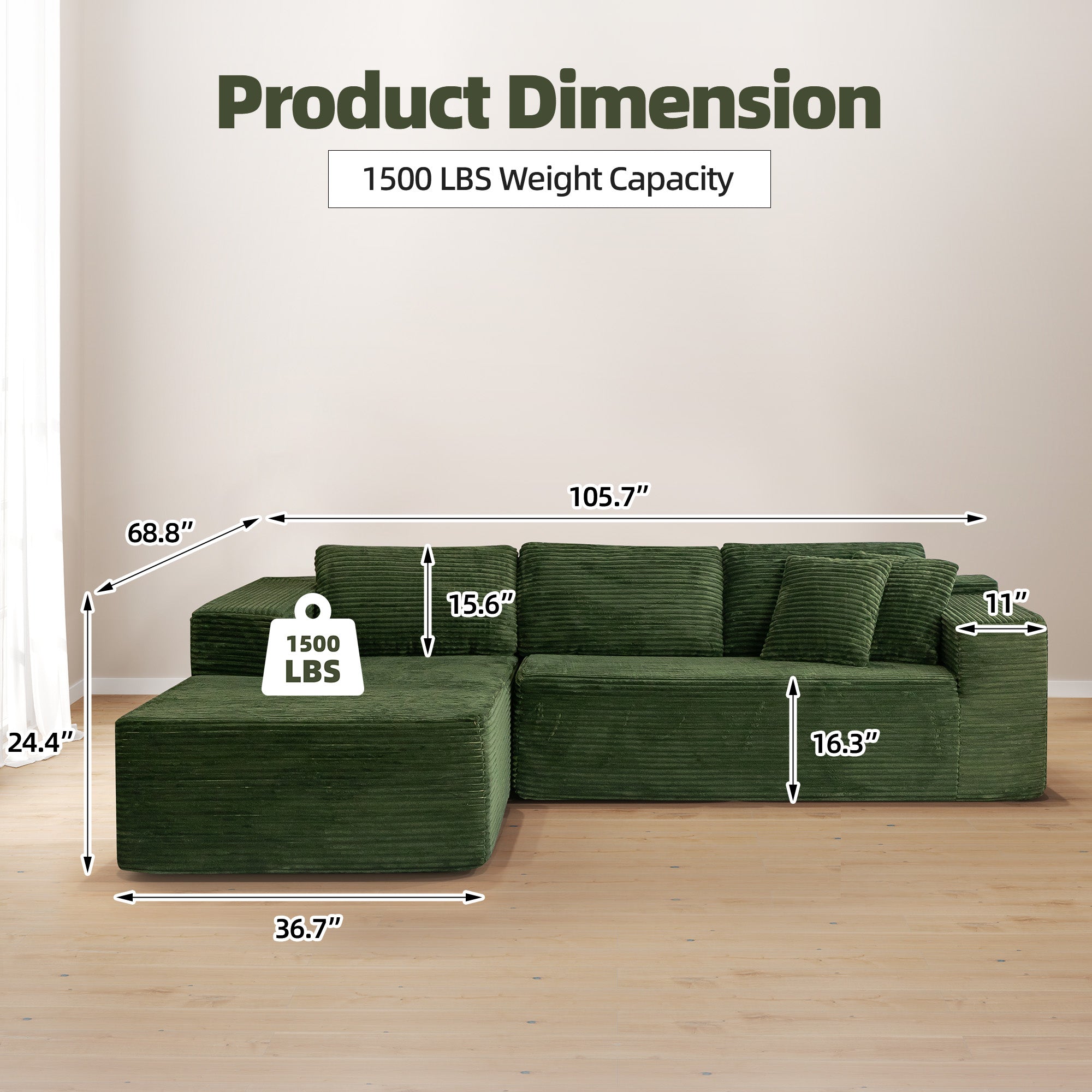 HOMREST 106 inch Cloud Sectional Couch with Chaise Lounge for Living Room Bedroom Apartment, Corduroy Fabric, Green