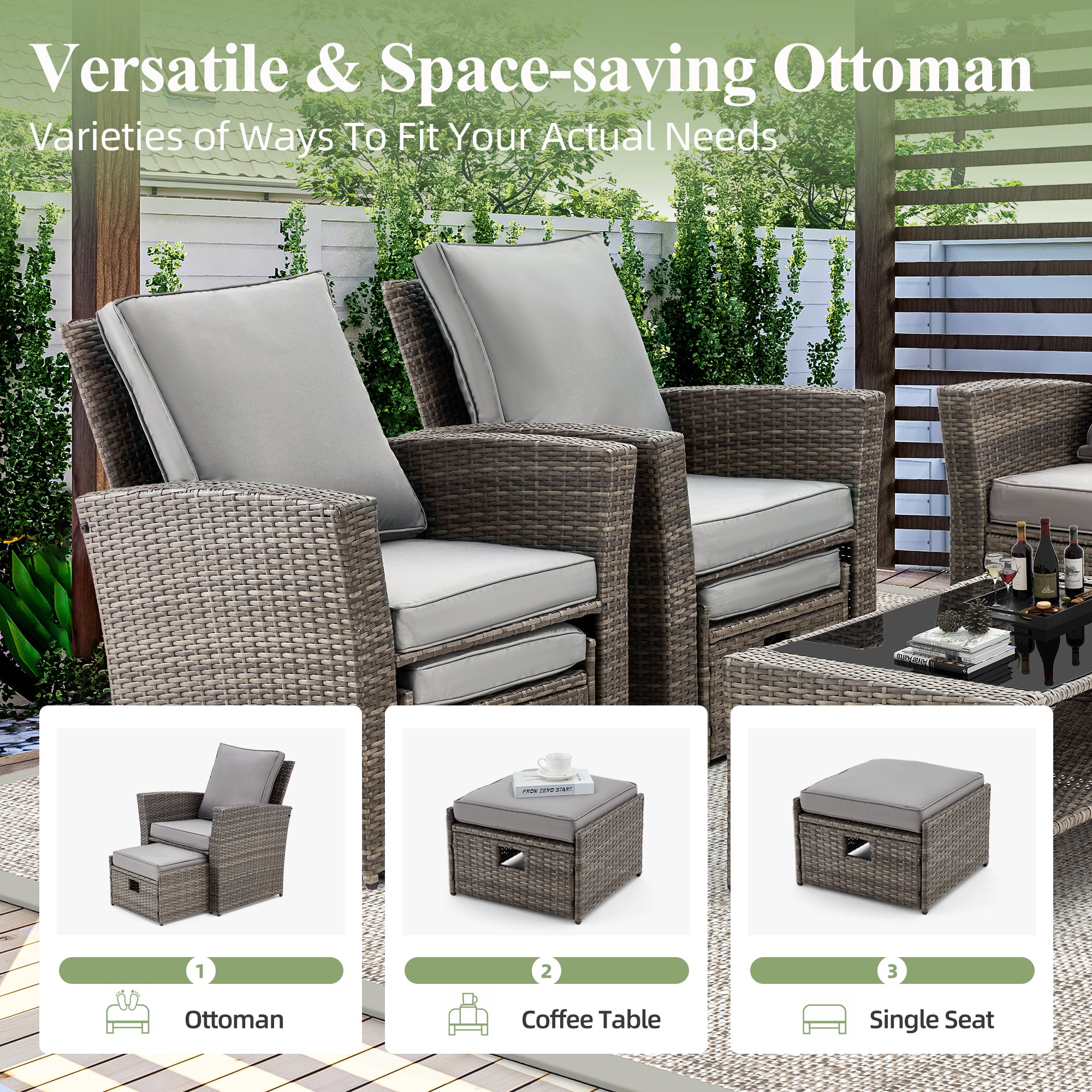 Homrest 6 Pcs Patio Furniture Set with Ottoman and Storage Table, Dark Gray