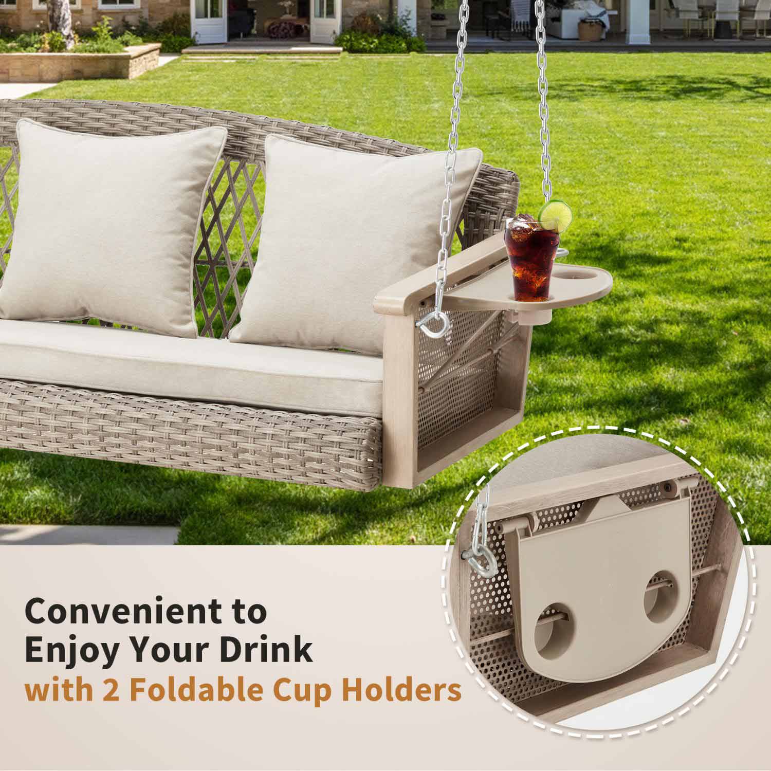Homrest outdoor porch swing with foldable cup holders, beige