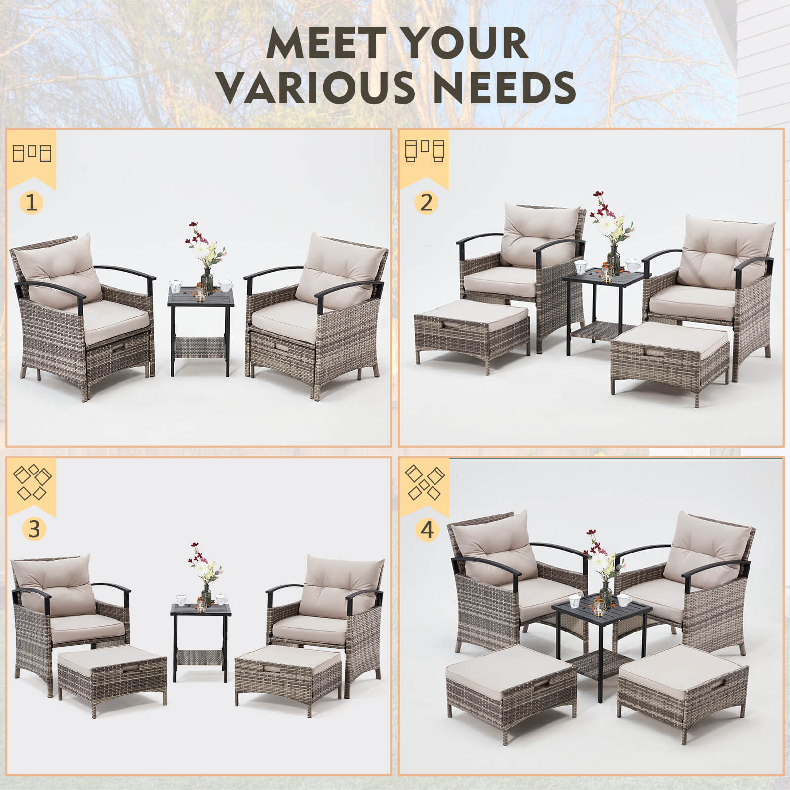 HOMREST 5 Pieces Patio Furniture Set, Outdoor Rattan Chairs with Metal Coffee Table, Ottomans & Soft Cushions, Wicker Conversation Bistro Set, Gray