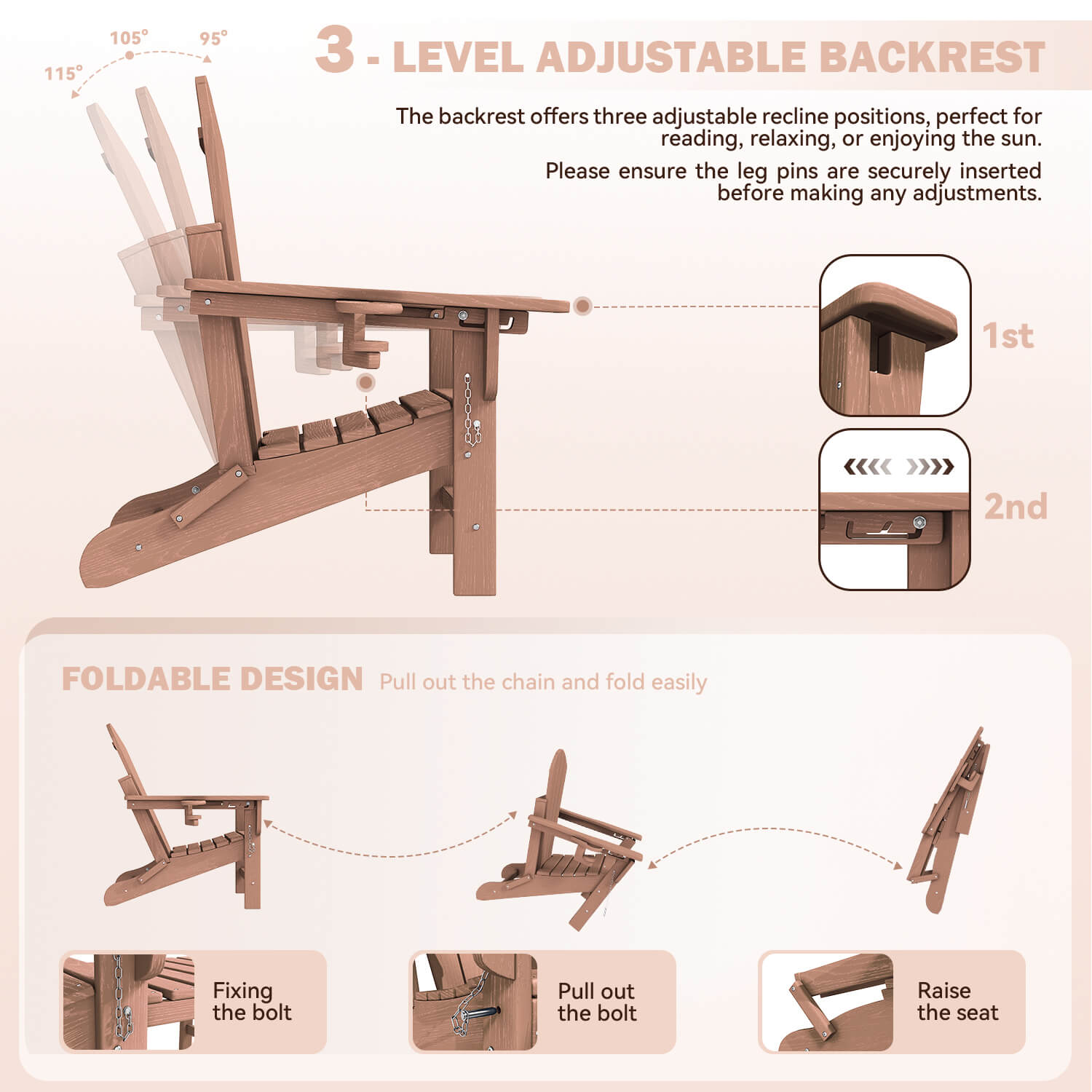 HOMREST 3-Position Adjustable Adirondack Chairs Set of 4, 400LBS HDPE Folding Outdoor Chairs with Cup Holder, Teak