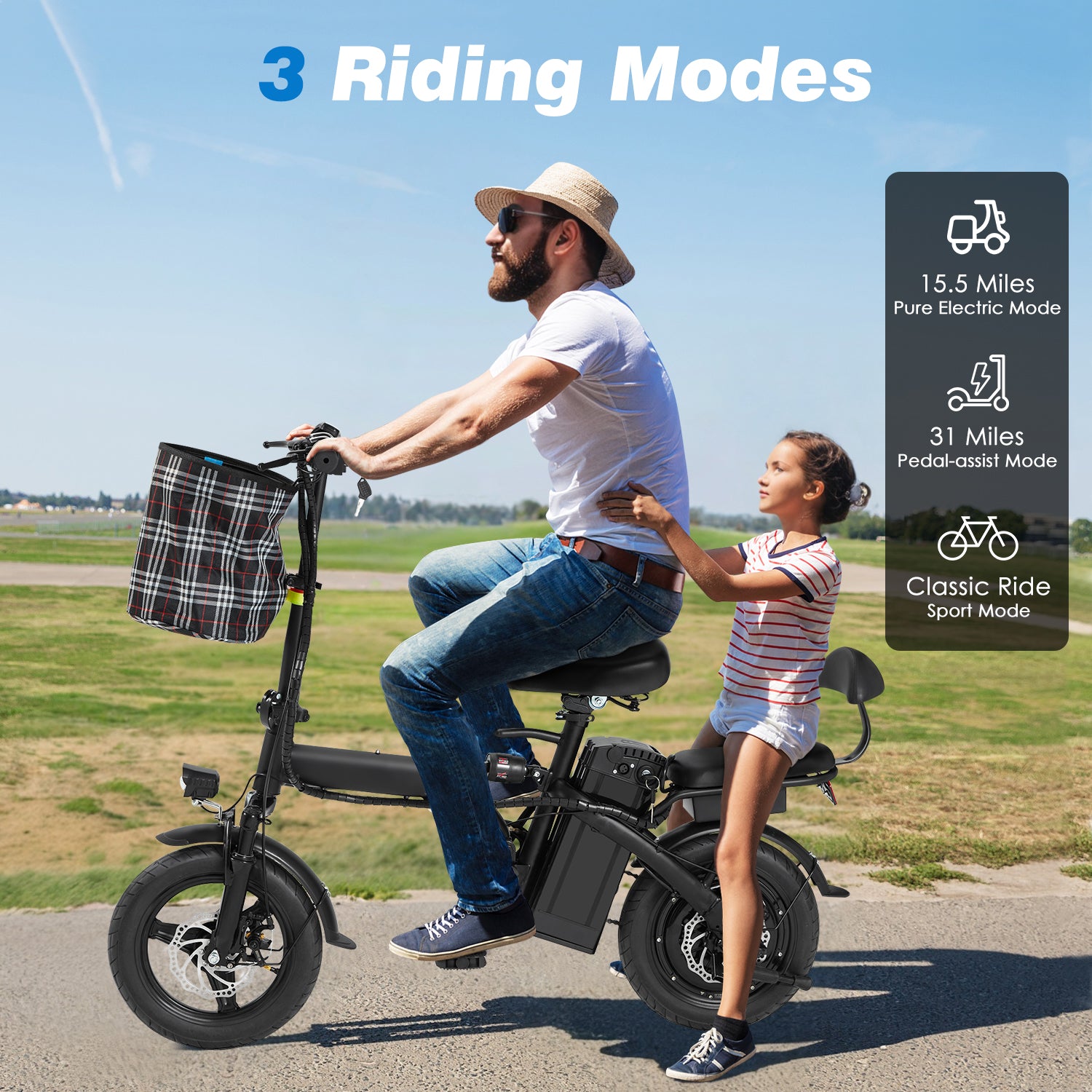 HOMREST Foldable Electric Bike, 2 Seat 14" Adults Ebike|500W |20MPH |30+Miles | Removable 48V 7.8Ah Battery,3 Riding Modes,Dual Disc Brakes, Black