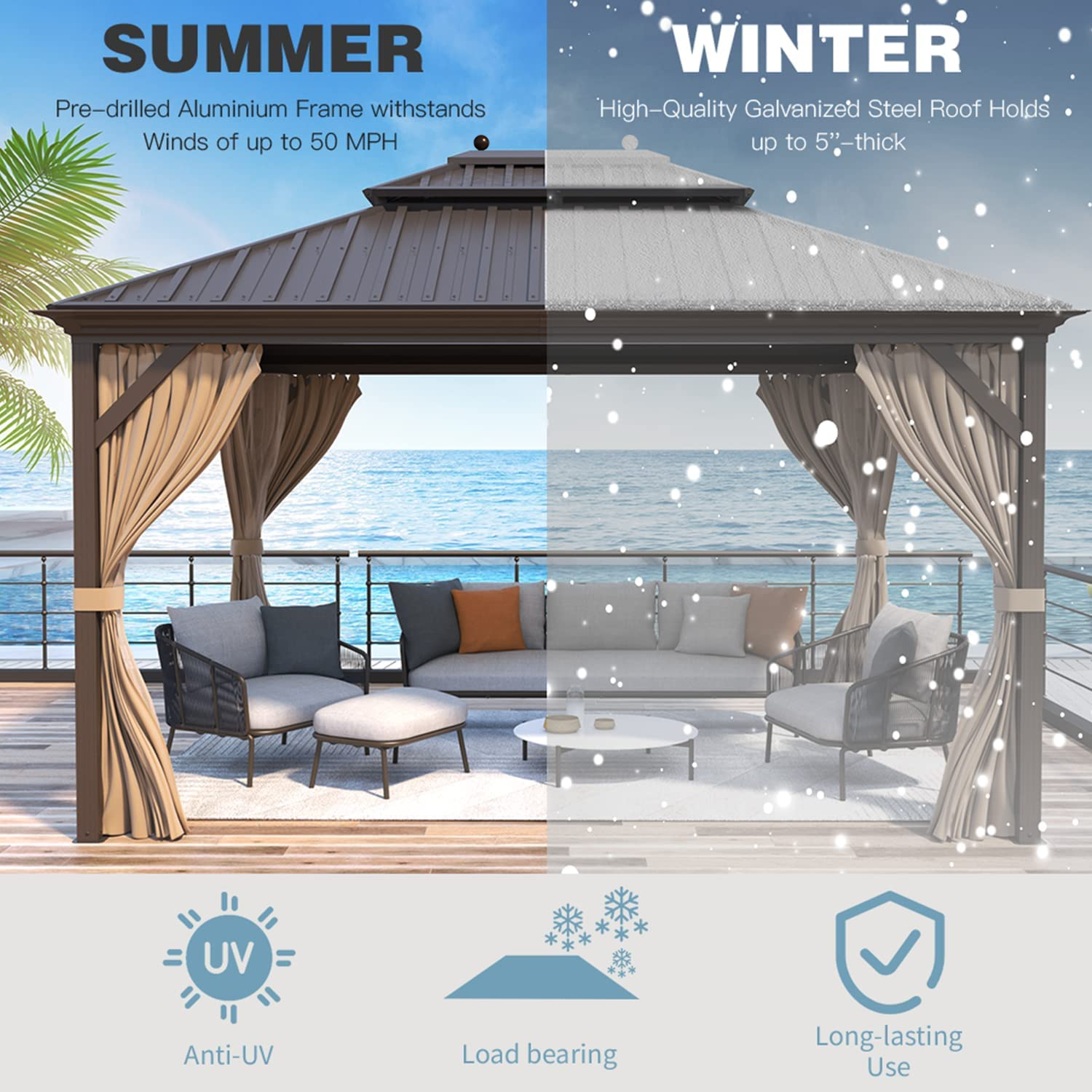 Homrest 12' X 14' Aluminum Gazebo, Hardtop Gazebo with Galvanized Steel Double Roof, Curtains and Netting Included