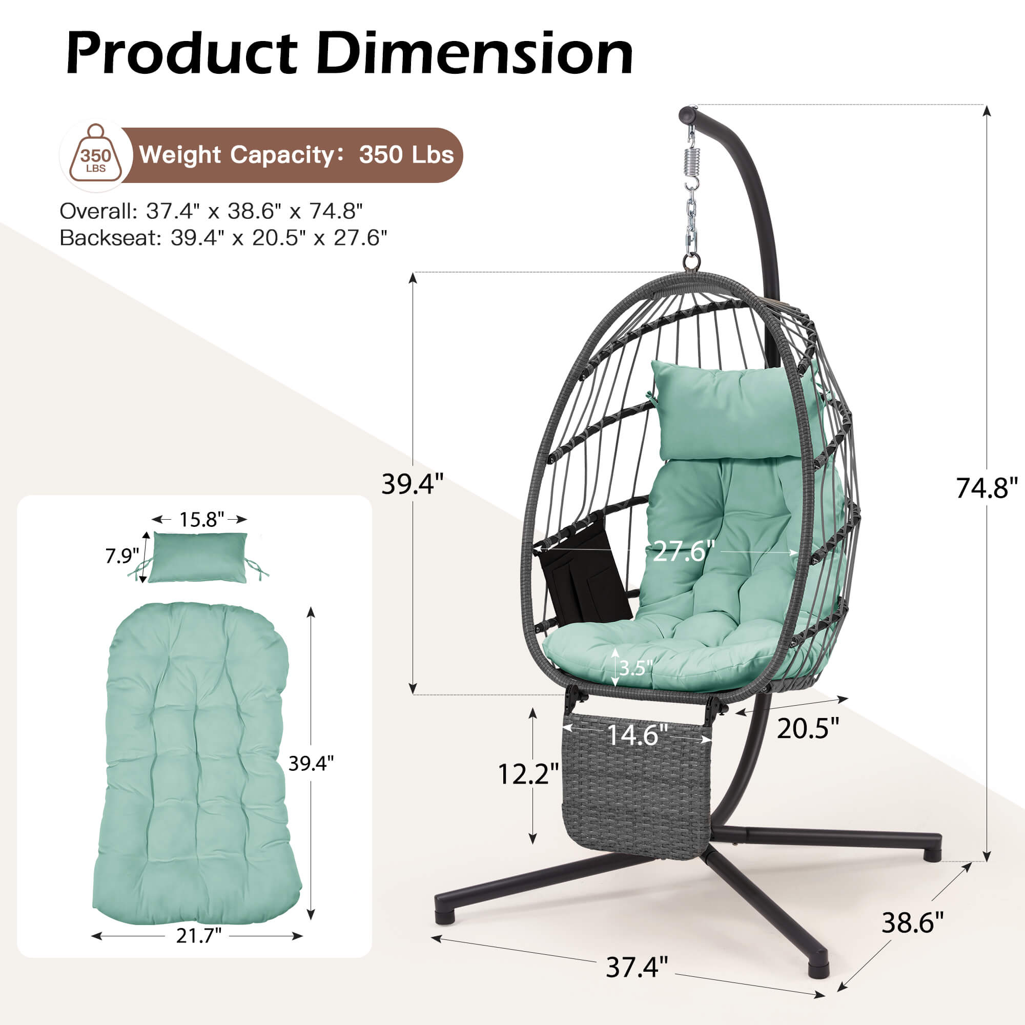 HOMREST Hanging Egg Chair with Stand & Removable Leg Rest, Hammock Chair for Patio, Bedroom, Light Green/Gray