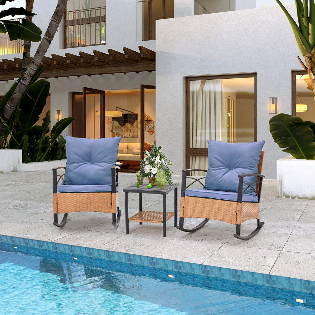 HOMREST 3-Piece Bistro Set: Outdoor Rattan Rocking Chairs with Cushions and Coffee Table