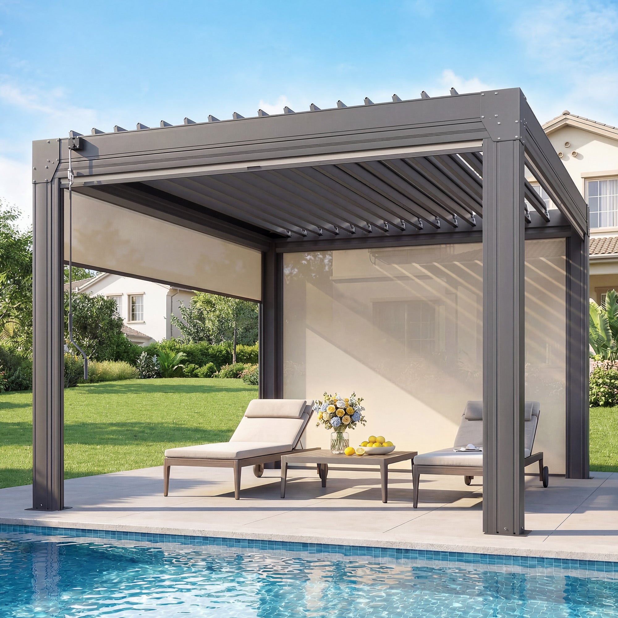 HOMREST 10' x 12' Louvered Pergola with Pull-Down Screens, Aluminum Outdoor Pergola with Retractable Roof for Patios, Decks & Backyards, Black