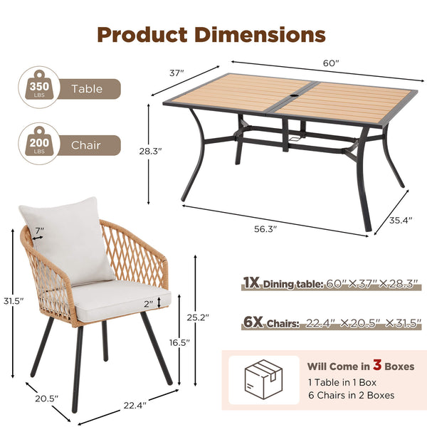 HOMREST 7-Piece Outdoor Dining Set – Rectangular Table with Umbrella Hole & 6 Rattan Chairs, Gray