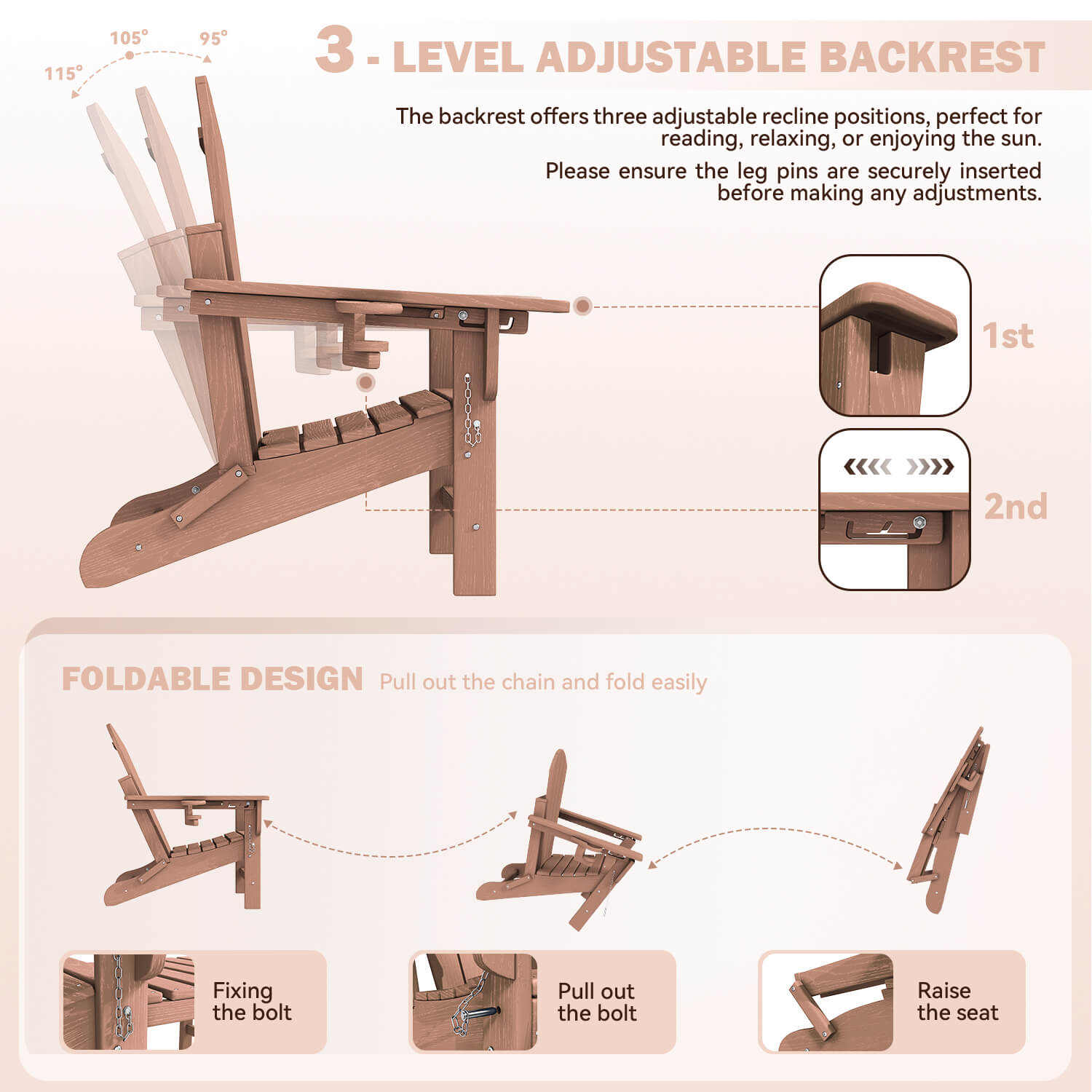 HOMREST 3-Position Adjustable Adirondack Chairs Set of 2, 400LBS HDPE Folding Outdoor Chairs with Cup Holder, Teak