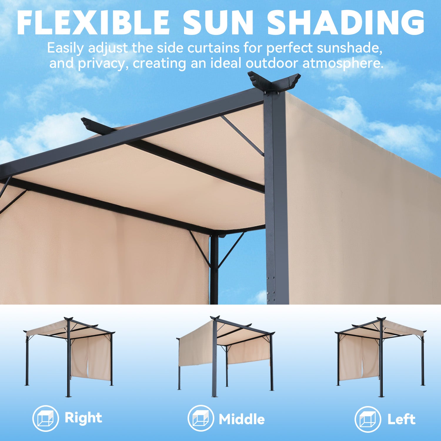 HOMREST Outdoor Pergola 10x10 Ft, Metal Freestanding Shelter with Adjustable Side Sun Shades, Canopy for Patios Backyard Garden Deck (Beige)