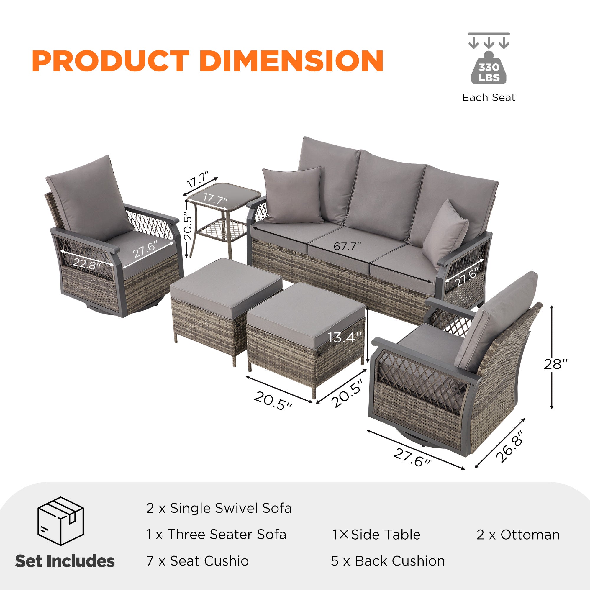 HOMREST 6-Piece Patio Set with Sofa, Swivel Rocking Chairs, Ottoman & Side Table, Grey