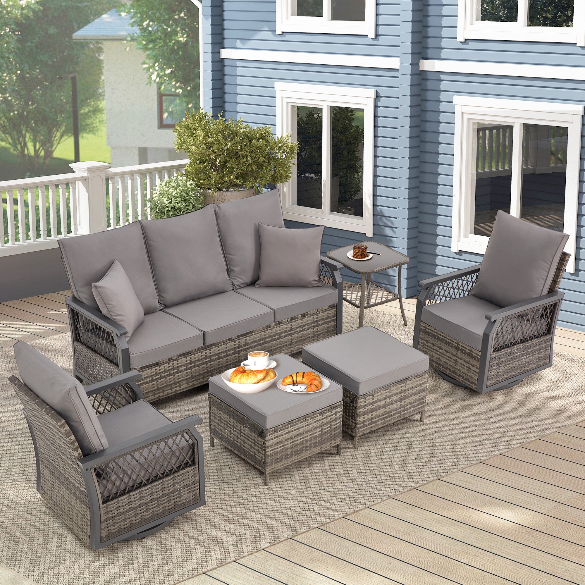 HOMREST 6-Piece Patio Set with Sofa, Swivel Rocking Chairs, Ottoman & Side Table, Grey
