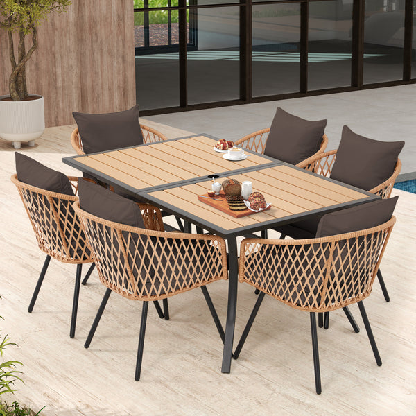 HOMREST 7-Piece Outdoor Dining Set – Rectangular Table with Umbrella Hole & 6 Rattan Chairs, Brown