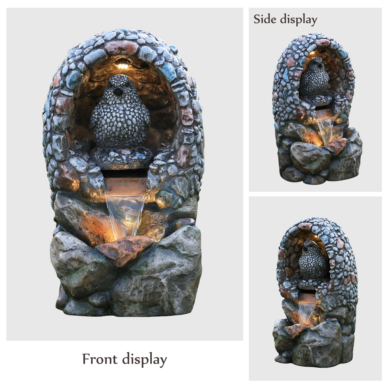 HOMREST Outdoor Water Fountain - Rock-Hollow Bird Outdoor Waterfall Fountain with LED Lights Effect for Patio Deck Yard Home,Gray