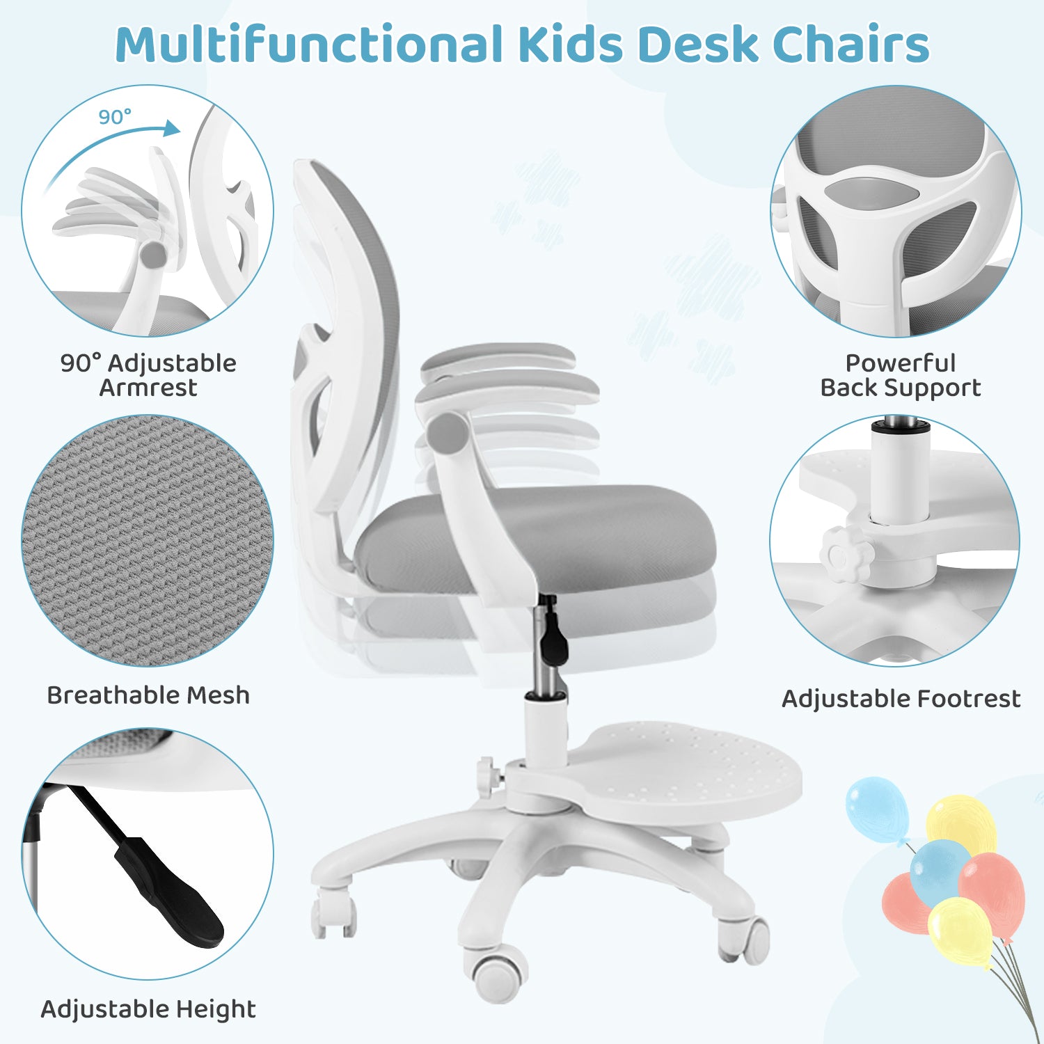 HOMREST Kids Desk Chair,Ergonomic Kids Study Chairs with Adjustable Height,Breathable Mesh Removable,Non-Slip Footrests, Gray
