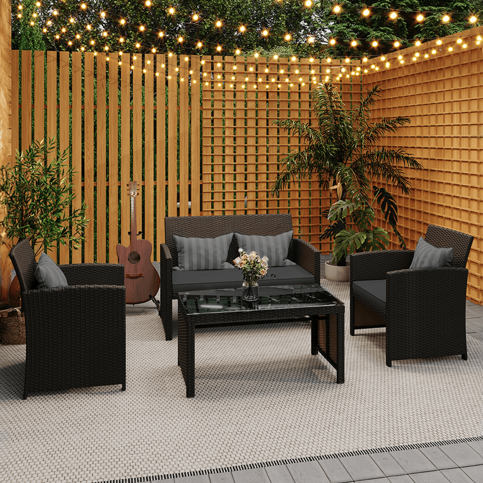 HOMREST 4-Piece Patio Furniture Set, Outdoor Wicker Patio Conversation Set with Cushions, Sofa & Glass Coffee Table, Gray