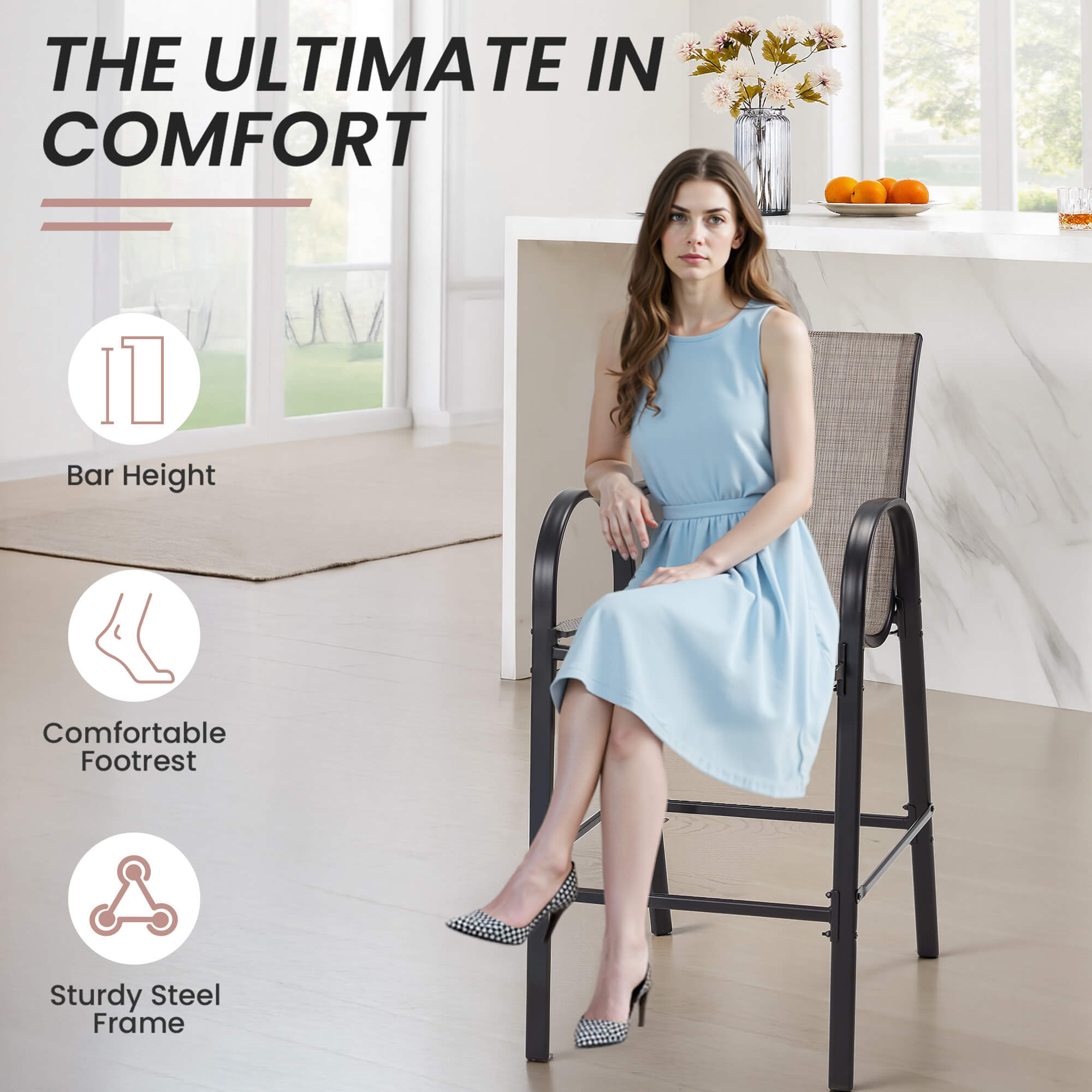 HOMREST Outdoor Bar Height Stools Set of 6, High Back Patio Chairs with Armrests,Textilene Chairs with Breathable Fabric & Metal Frame, Taupe