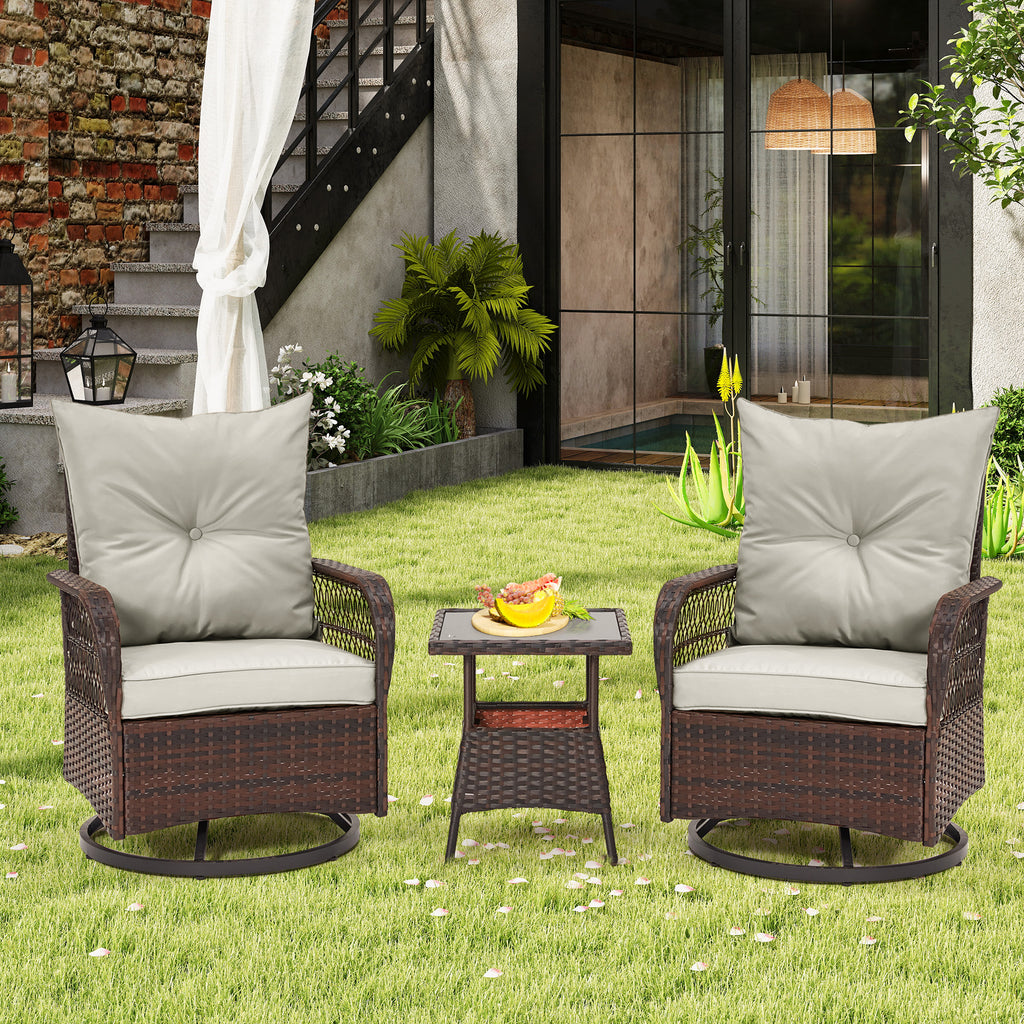 HOMREST 3-Piece Patio Swivel Rocker Set with Rattan Coffee Table for Lawn, Garden, Porch