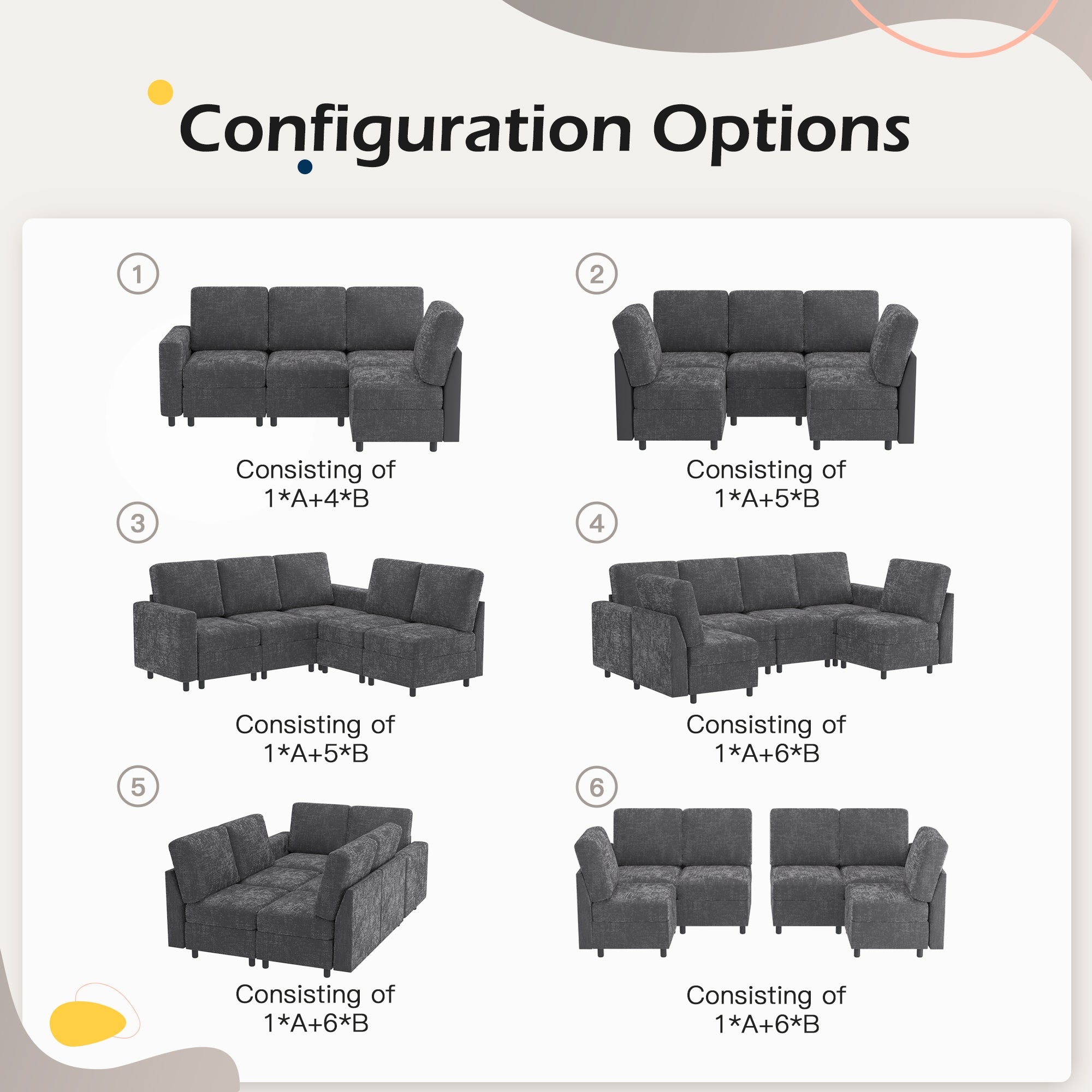 Homrest 6 Piece Modular Sectional Couch with Storage for Living Room, Dark Gray