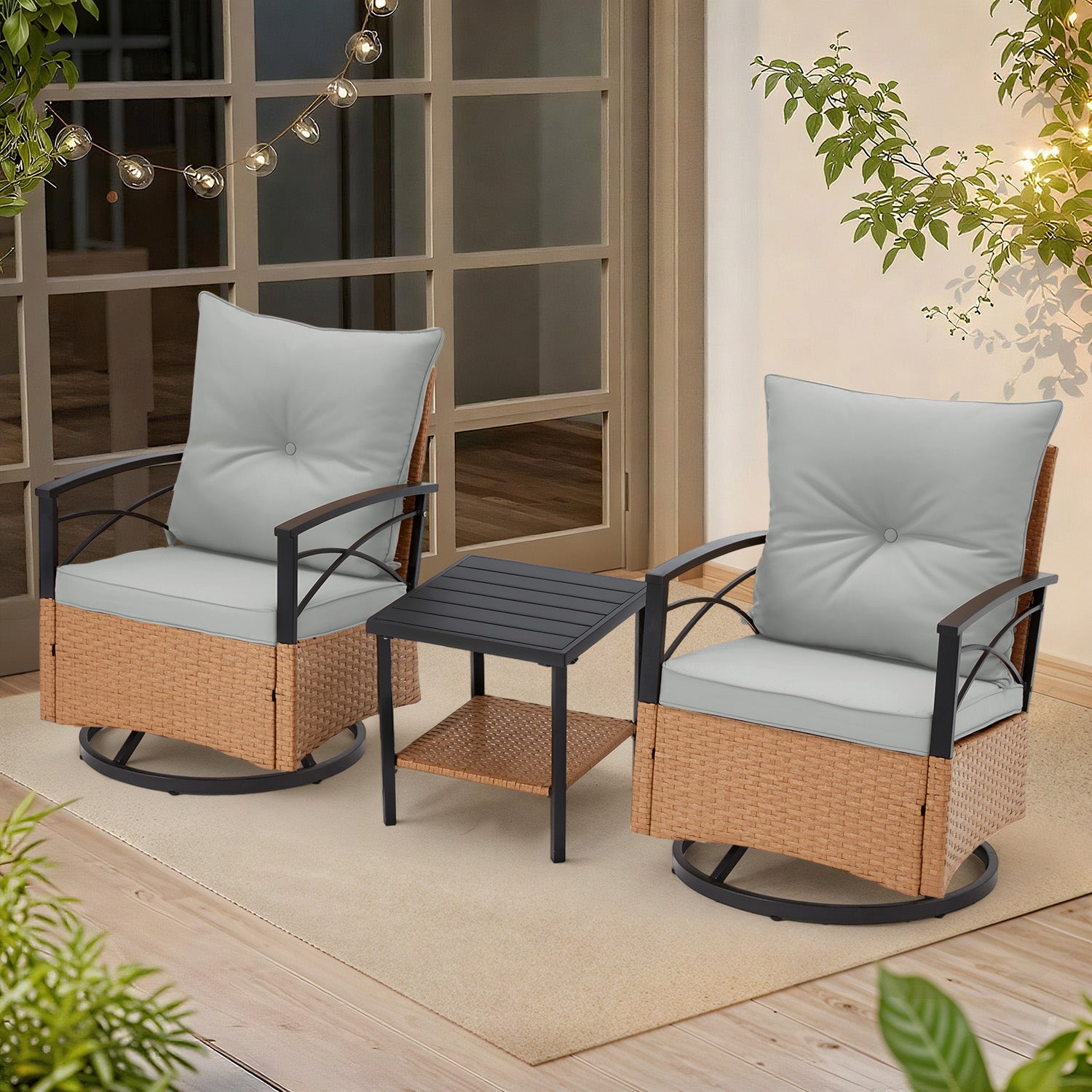 HOMREST 3-Piece Patio Swivel Rocker Set with Rattan Coffee Table, Gray