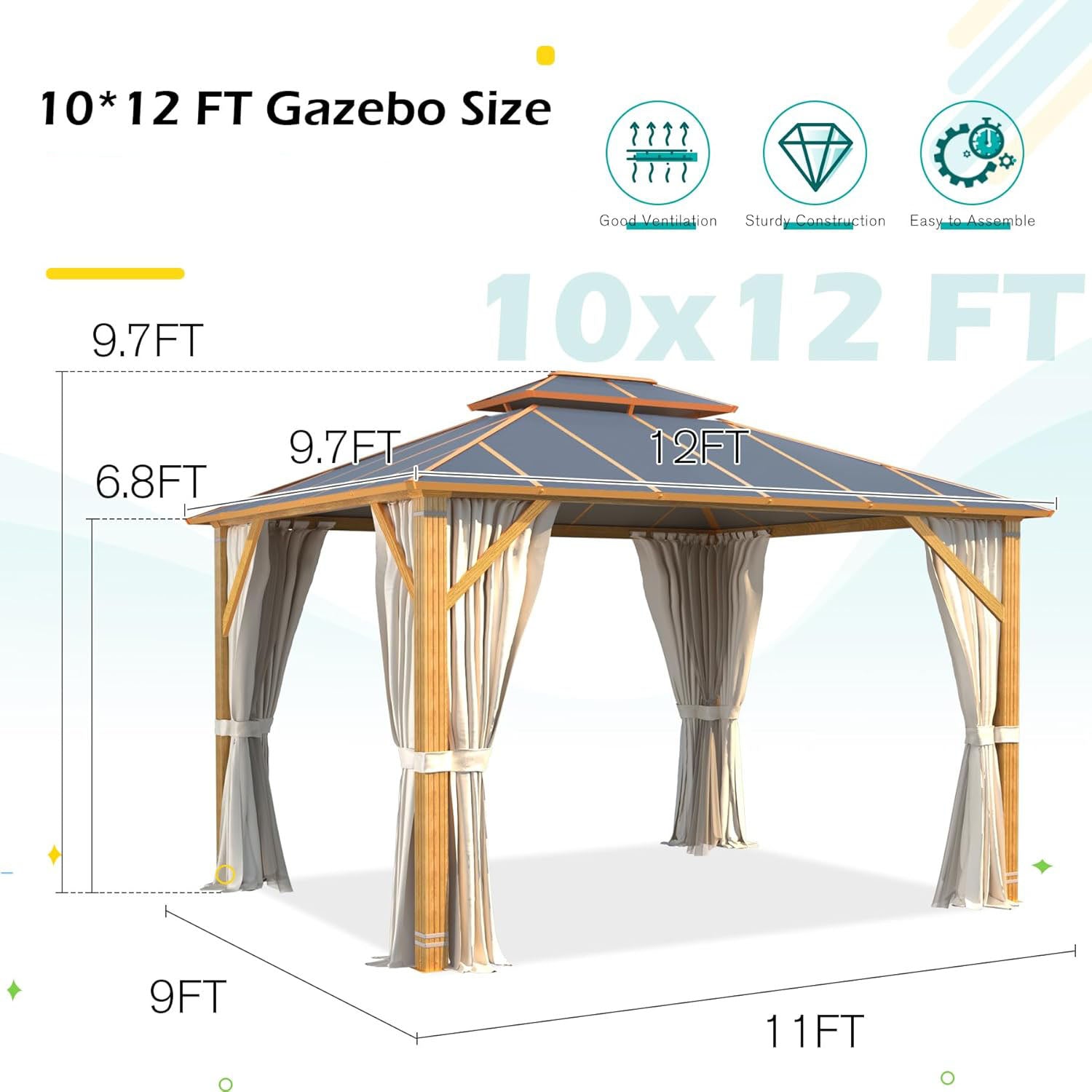 Homrest 10X12 Gazebo Outdoor Double Roof Aluminum Composite Canopy Aluminum Frame Pavilion with Curtains and Netting