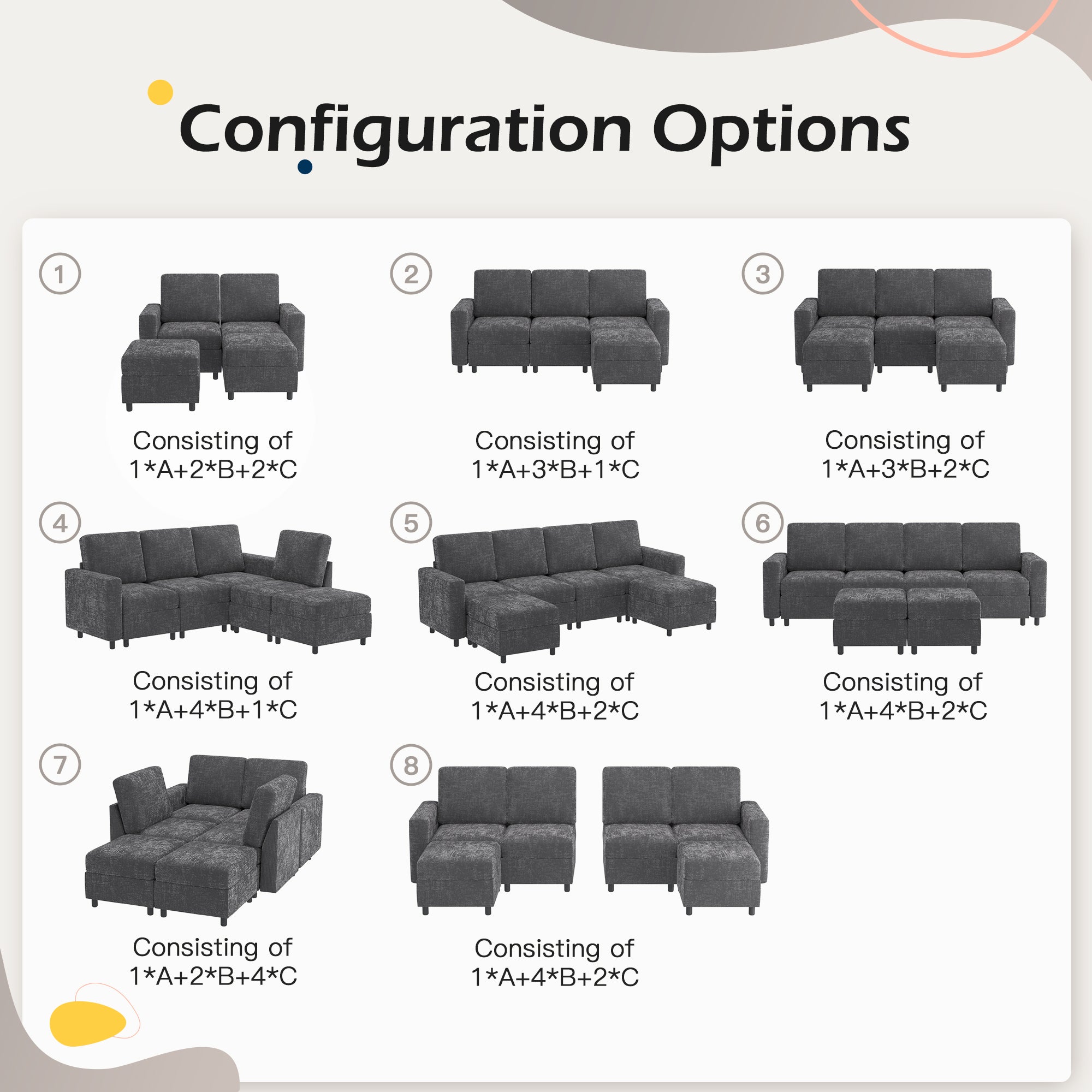 Homrest 6  Piece Modular Sectional Couch with Storage, 4 Single Seats, 2 ottomans, Dark Gray